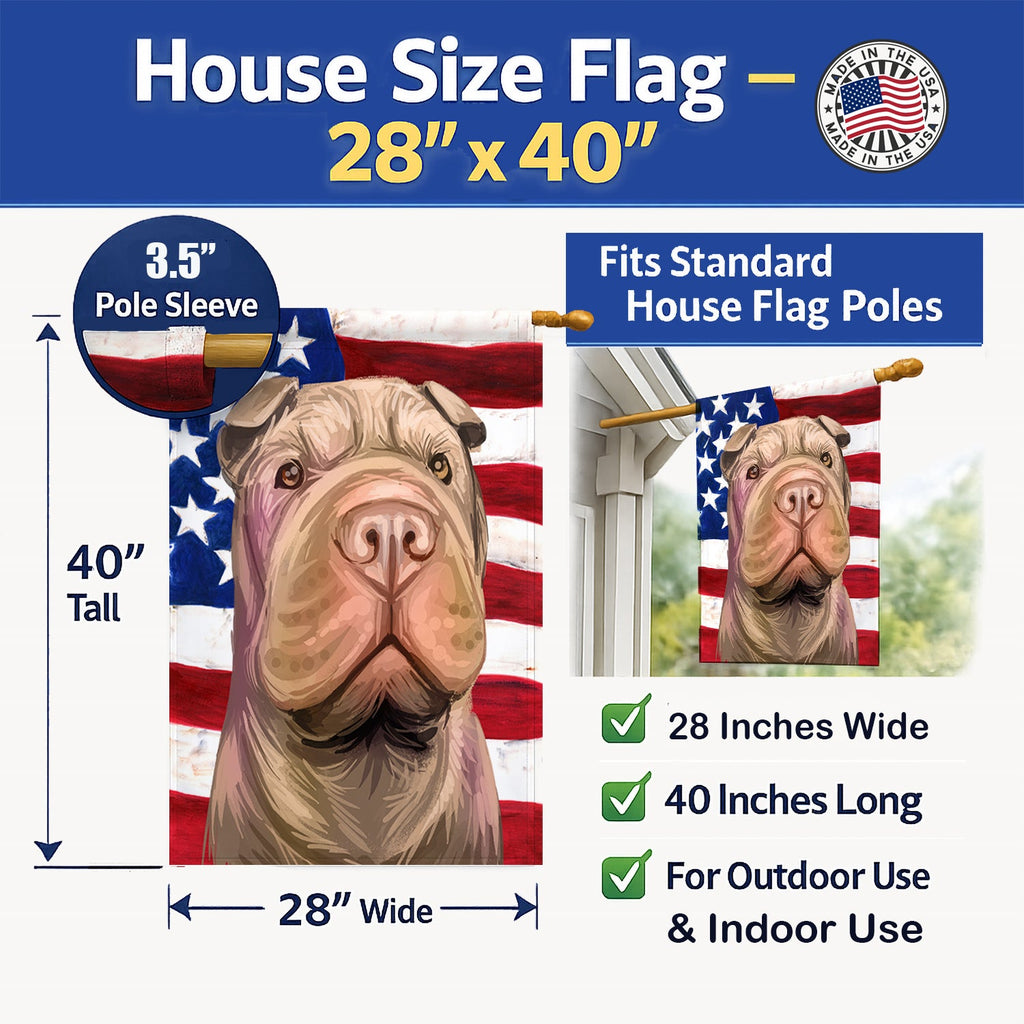 Shar Pei Dog American Flag House Flag 28x40 Porch Sleeve Pole Decorative Outside Yard Banner Artwork Wall Hanging, Polyester