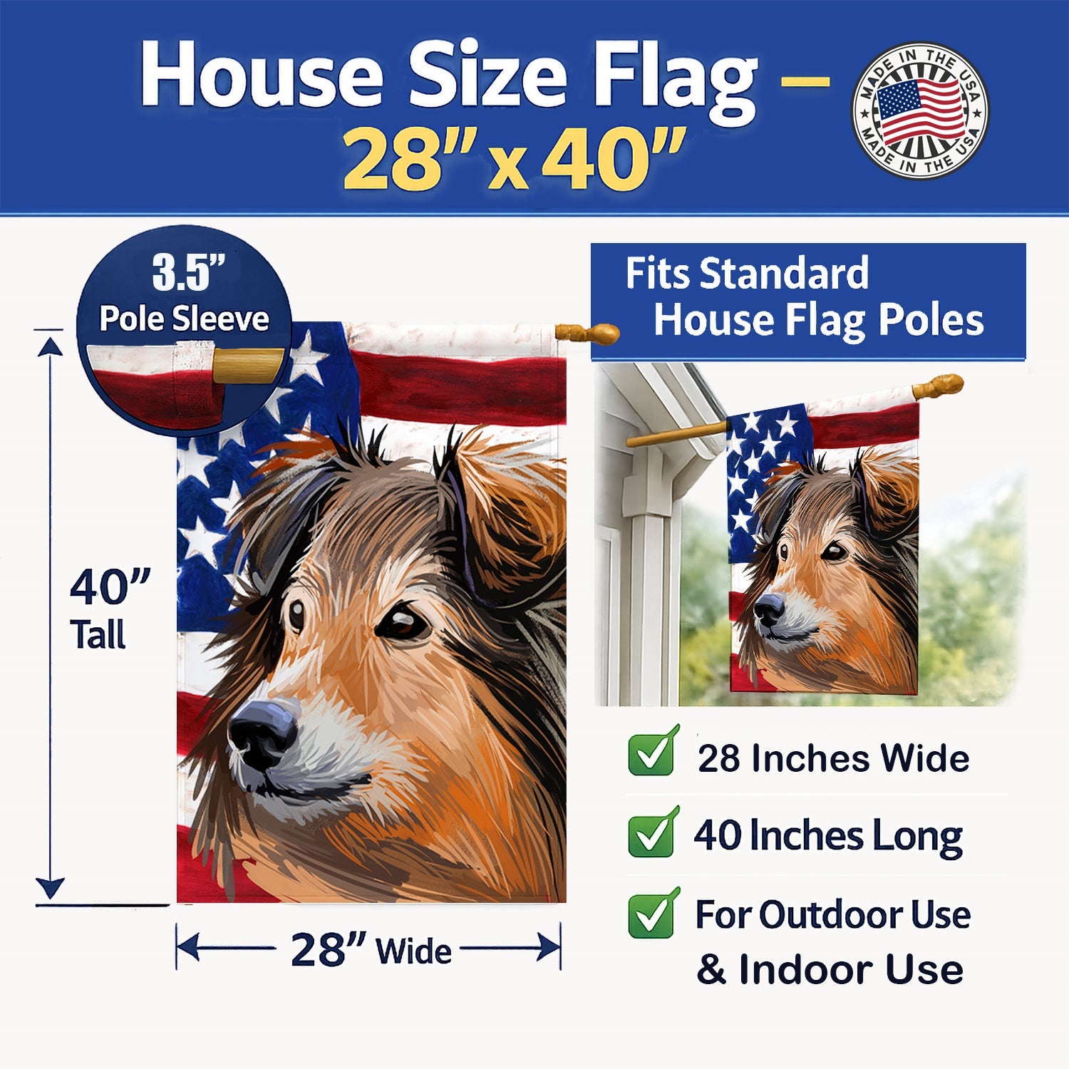Shetland Sheepdog Dog House Flag 28x40 Porch Sleeve Pole Decorative Outside Yard Banner Artwork Wall Hanging, Polyester