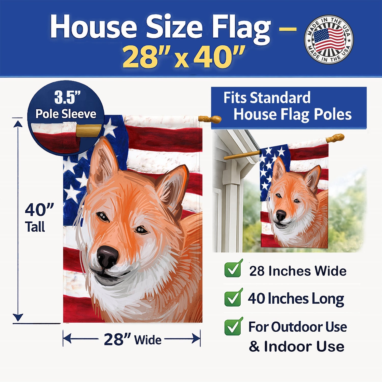 Shiba Inu Dog American Flag House Flag 28x40 Porch Sleeve Pole Decorative Outside Yard Banner Artwork Wall Hanging, Polyester
