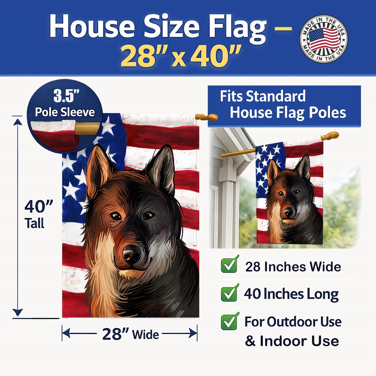 Shikoku Dog American Flag House Flag 28x40 Porch Sleeve Pole Decorative Outside Yard Banner Artwork Wall Hanging, Polyester