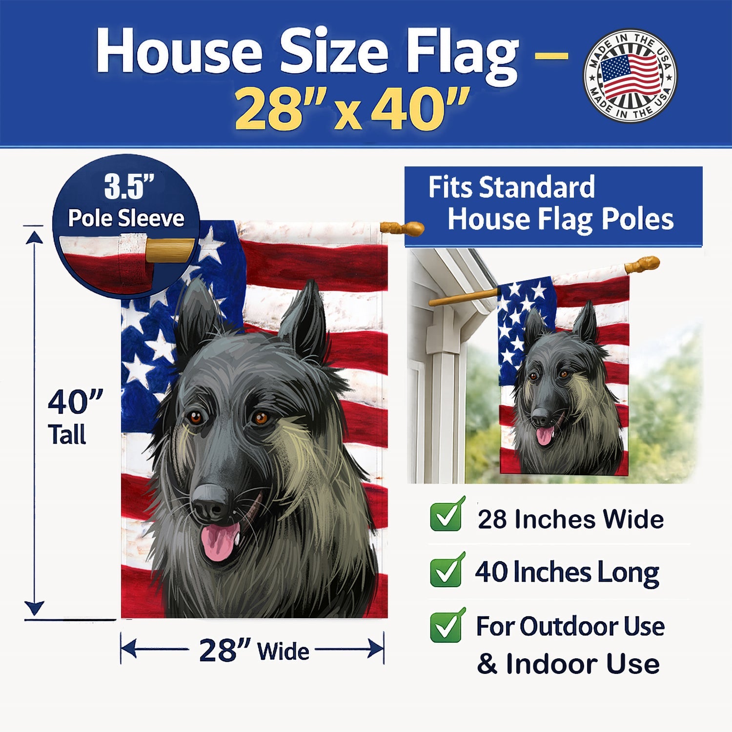 Shiloh Shepherd Dog American Flag House Flag 28x40 Porch Sleeve Pole Decorative Outside Yard Banner Artwork Wall Hanging, Polyester