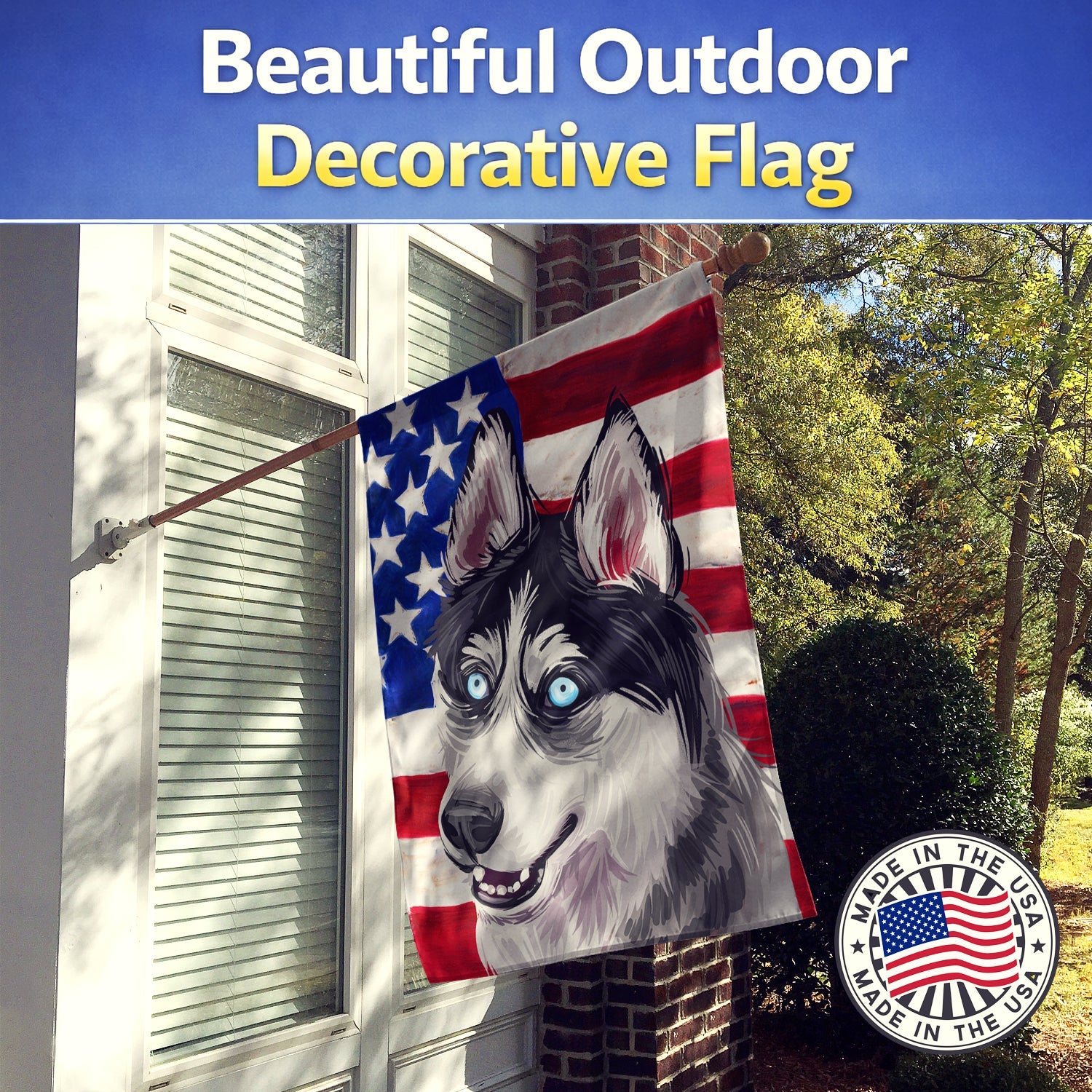 Siberian Husky Dog American Flag House Flag 28x40 Porch Sleeve Pole Decorative Outside Yard Banner Artwork Wall Hanging, Polyester