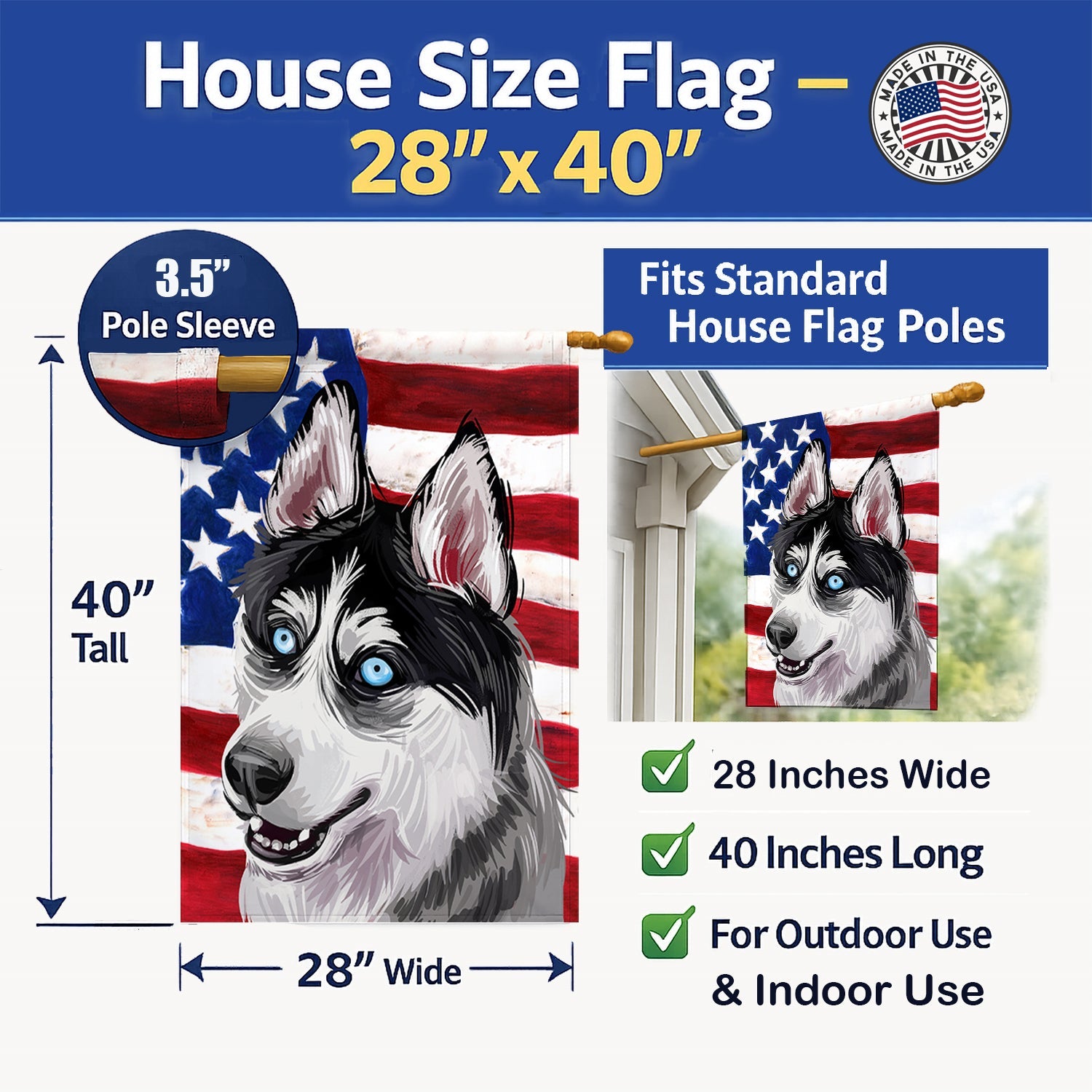 Siberian Husky Dog American Flag House Flag 28x40 Porch Sleeve Pole Decorative Outside Yard Banner Artwork Wall Hanging, Polyester