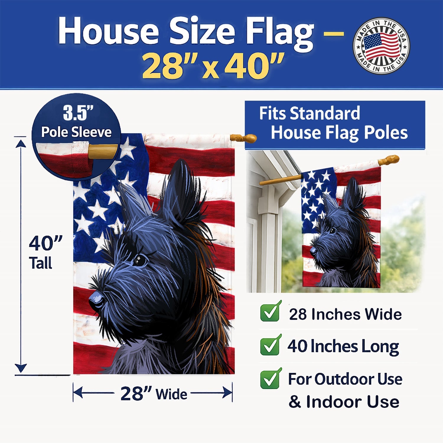 Skye Terrier Dog American Flag House Flag 28x40 Porch Sleeve Pole Decorative Outside Yard Banner Artwork Wall Hanging, Polyester