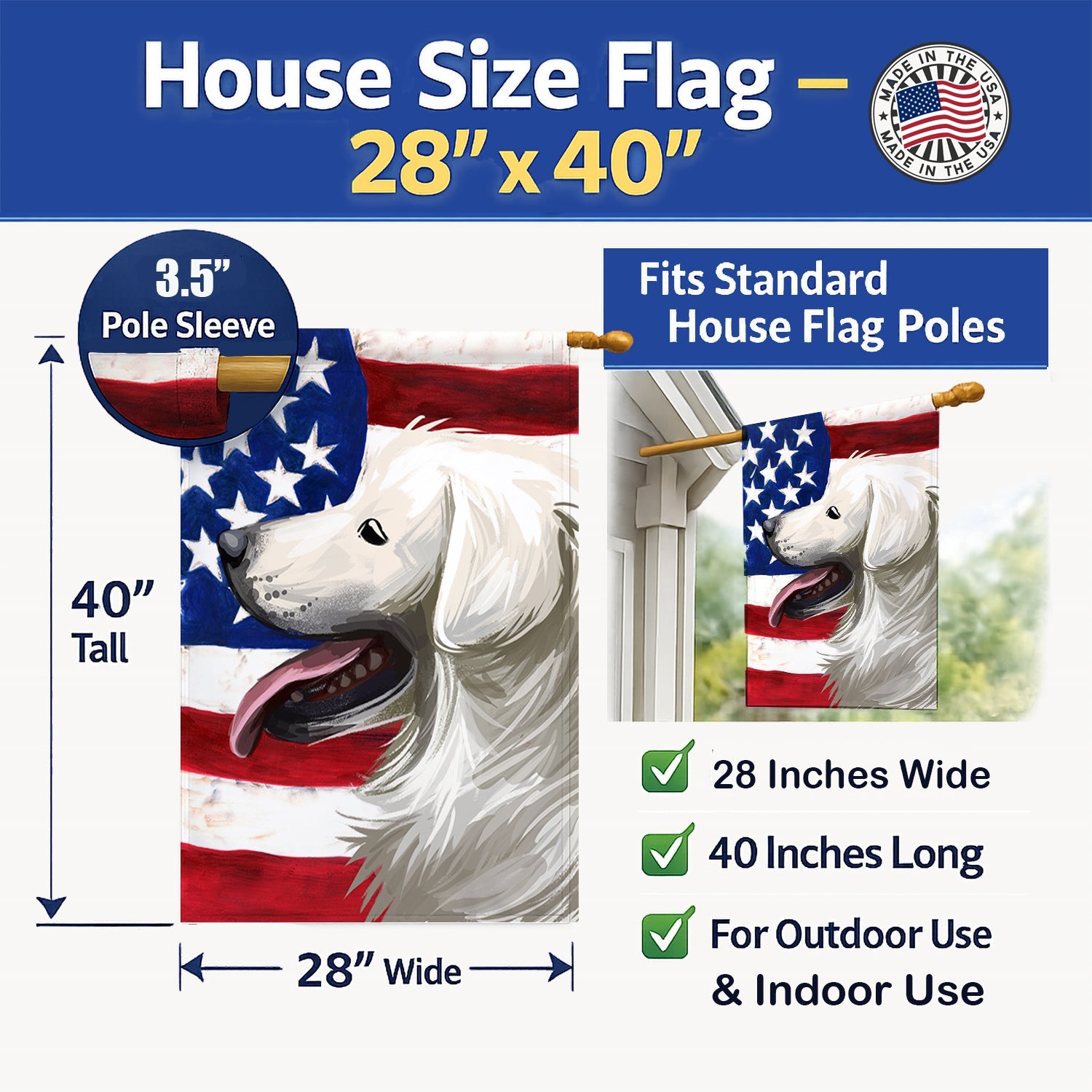 Slovak Cuvac Dog American Flag House Flag 28x40 Porch Sleeve Pole Decorative Outside Yard Banner Artwork Wall Hanging, Polyester