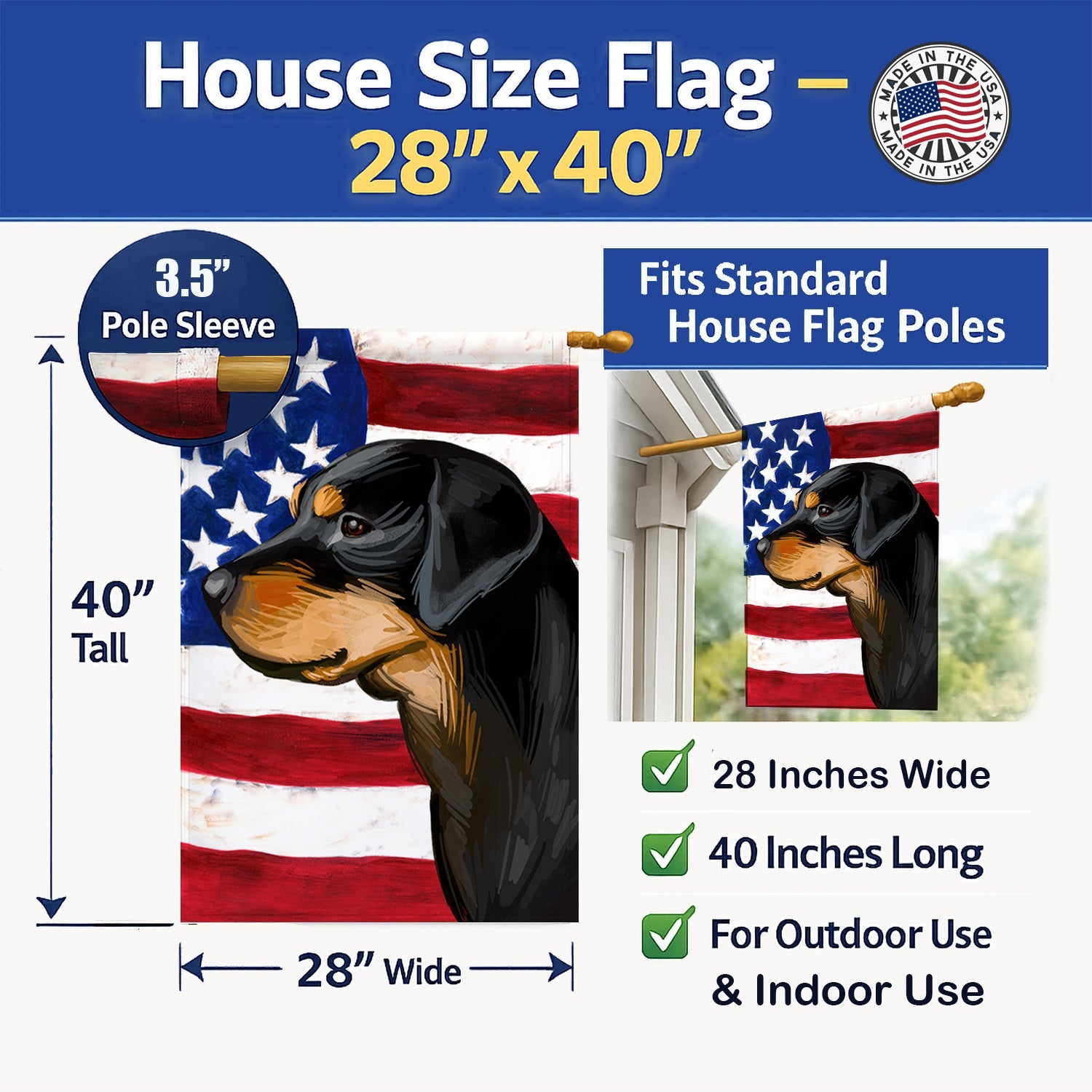 Smaland Hound Dog American Flag House Flag 28x40 Porch Sleeve Pole Decorative Outside Yard Banner Artwork Wall Hanging, Polyester