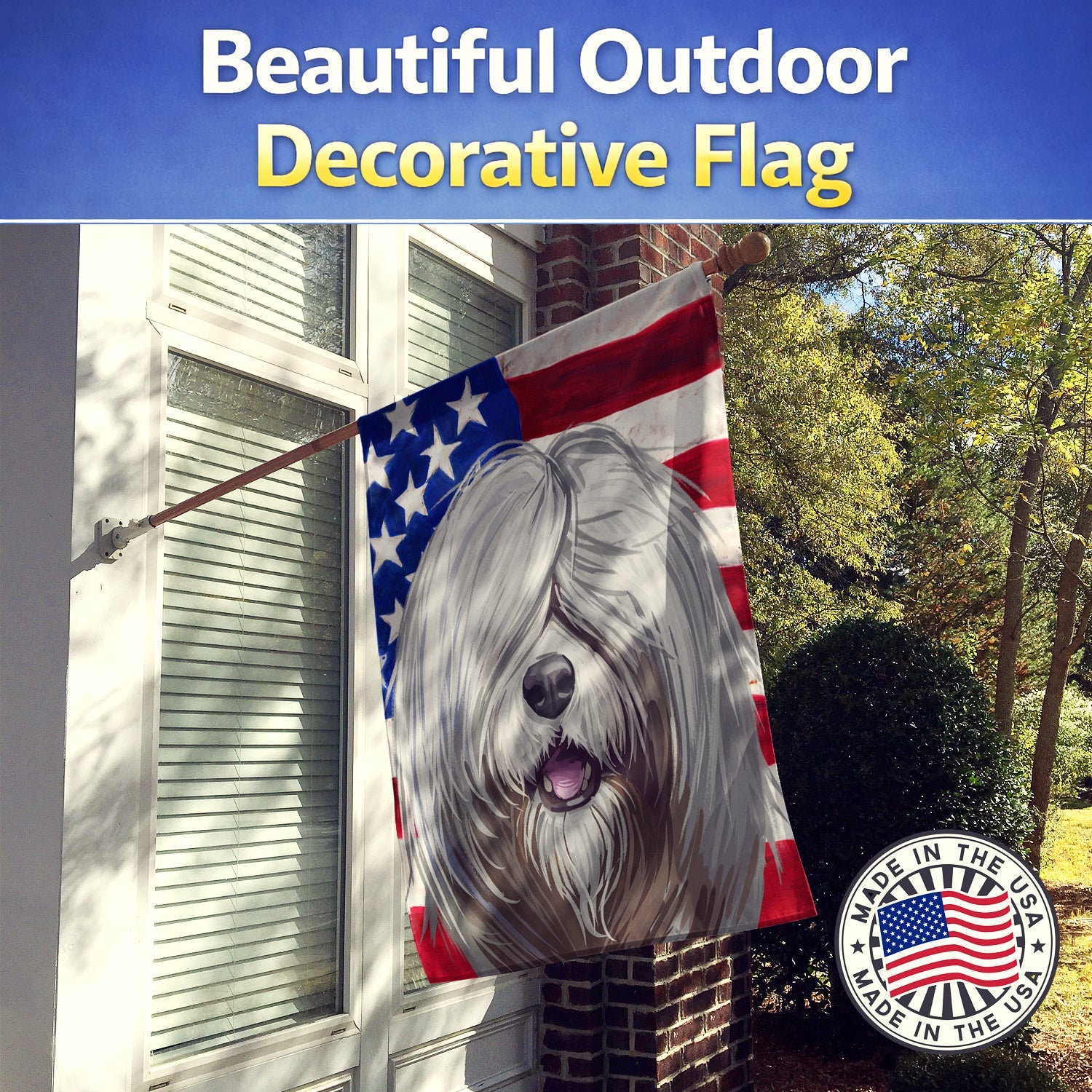South Russian Ovcharka Dog American Flag House Flag 28x40 Porch Sleeve Pole Decorative Outside Yard Banner Artwork Wall Hanging, Polyester