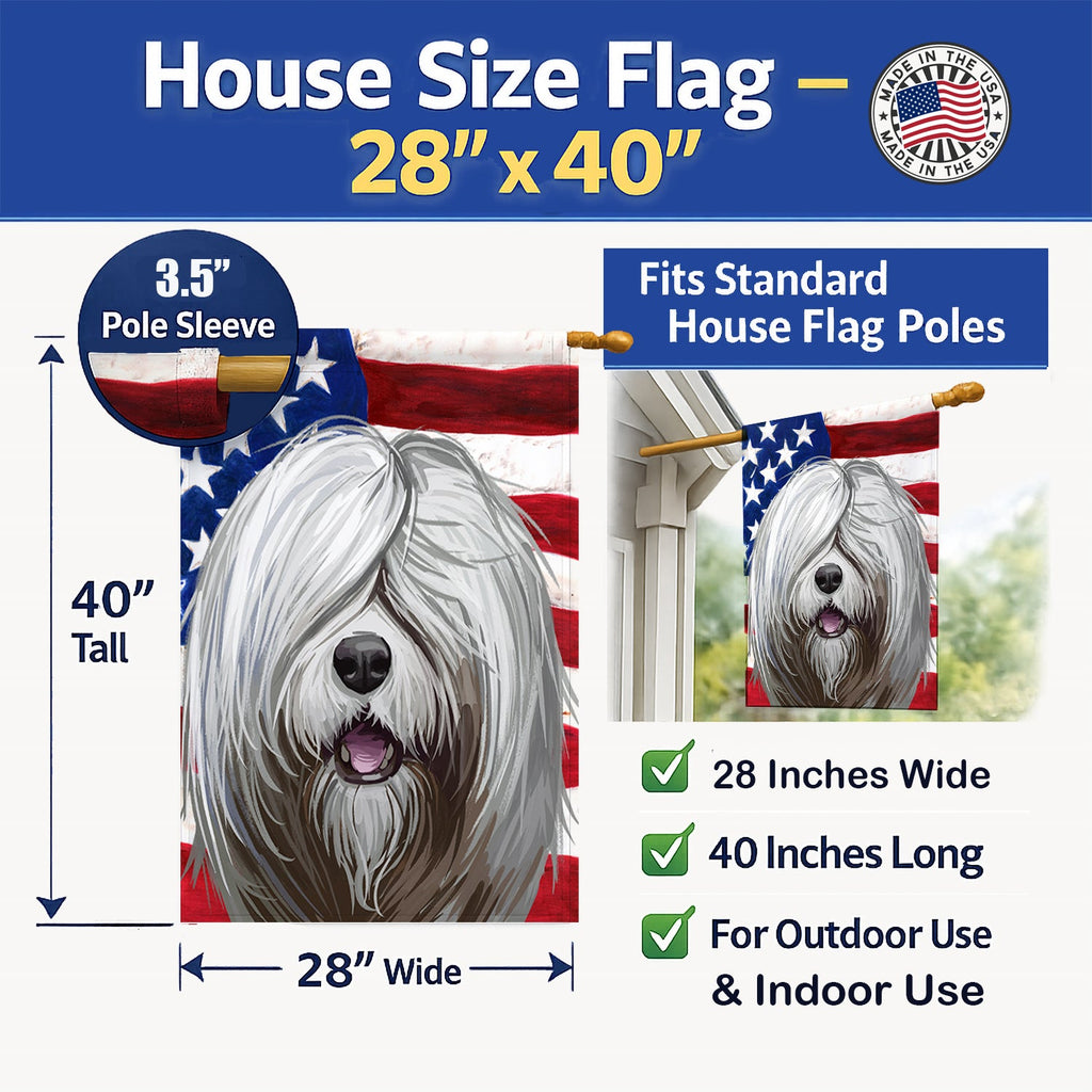 South Russian Ovcharka Dog American Flag House Flag 28x40 Porch Sleeve Pole Decorative Outside Yard Banner Artwork Wall Hanging, Polyester