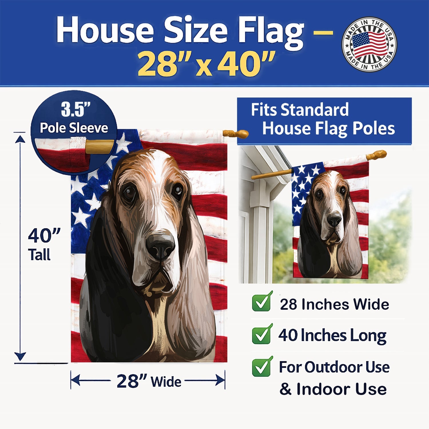 Southern Hound Dog American Flag House Flag 28x40 Porch Sleeve Pole Decorative Outside Yard Banner Artwork Wall Hanging, Polyester