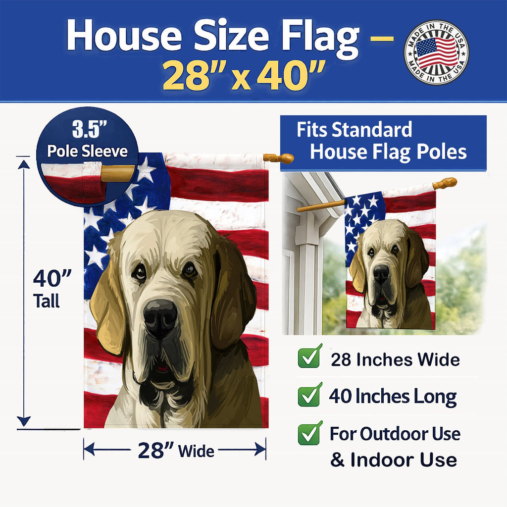 Spanish Mastiff Dog American Flag House Flag 28x40 Porch Sleeve Pole Decorative Outside Yard Banner Artwork Wall Hanging, Polyester