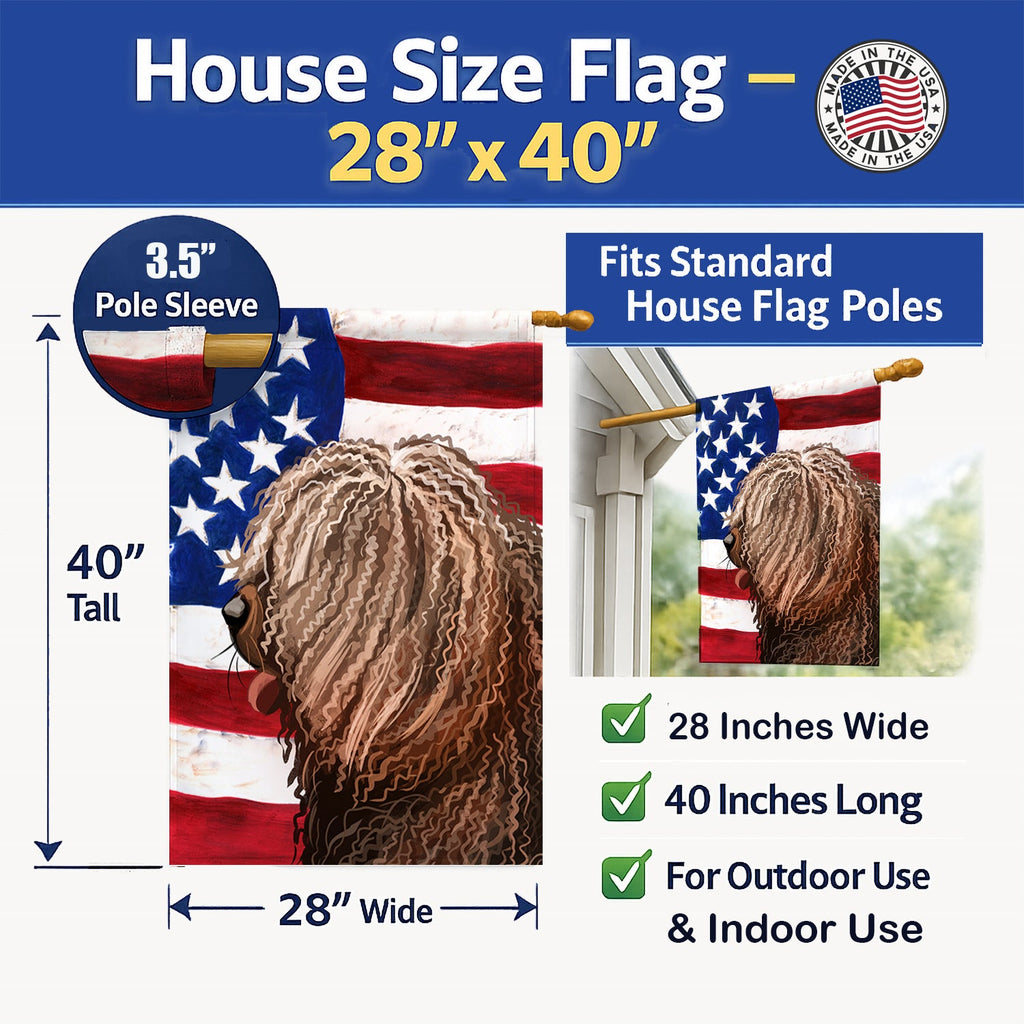 Spanish Water Dog American Flag House Flag 28x40 Porch Sleeve Pole Decorative Outside Yard Banner Artwork Wall Hanging, Polyester