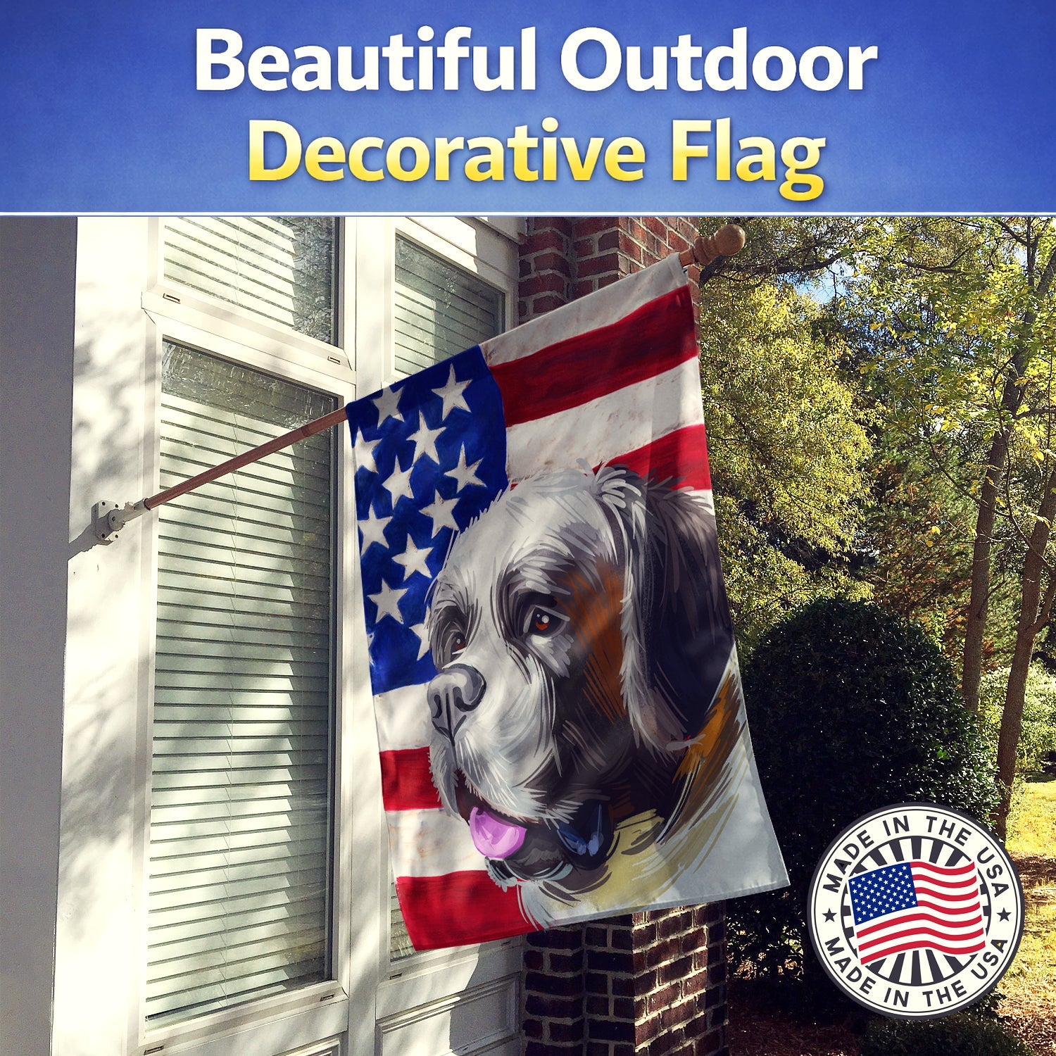 Saint Bernard American Flag House Flag 28x40 Porch Sleeve Pole Decorative Outside Yard Banner Artwork Wall Hanging, Polyester