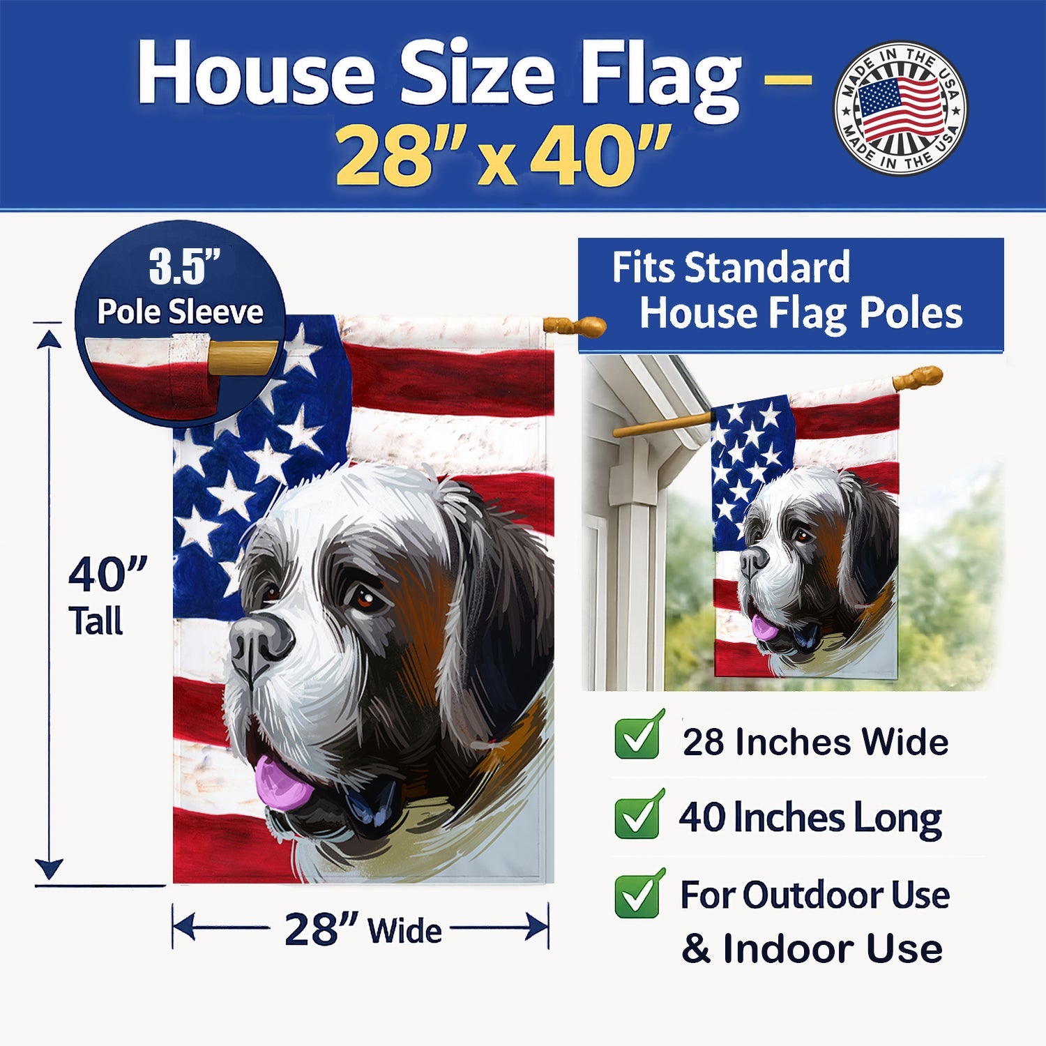 Saint Bernard American Flag House Flag 28x40 Porch Sleeve Pole Decorative Outside Yard Banner Artwork Wall Hanging, Polyester