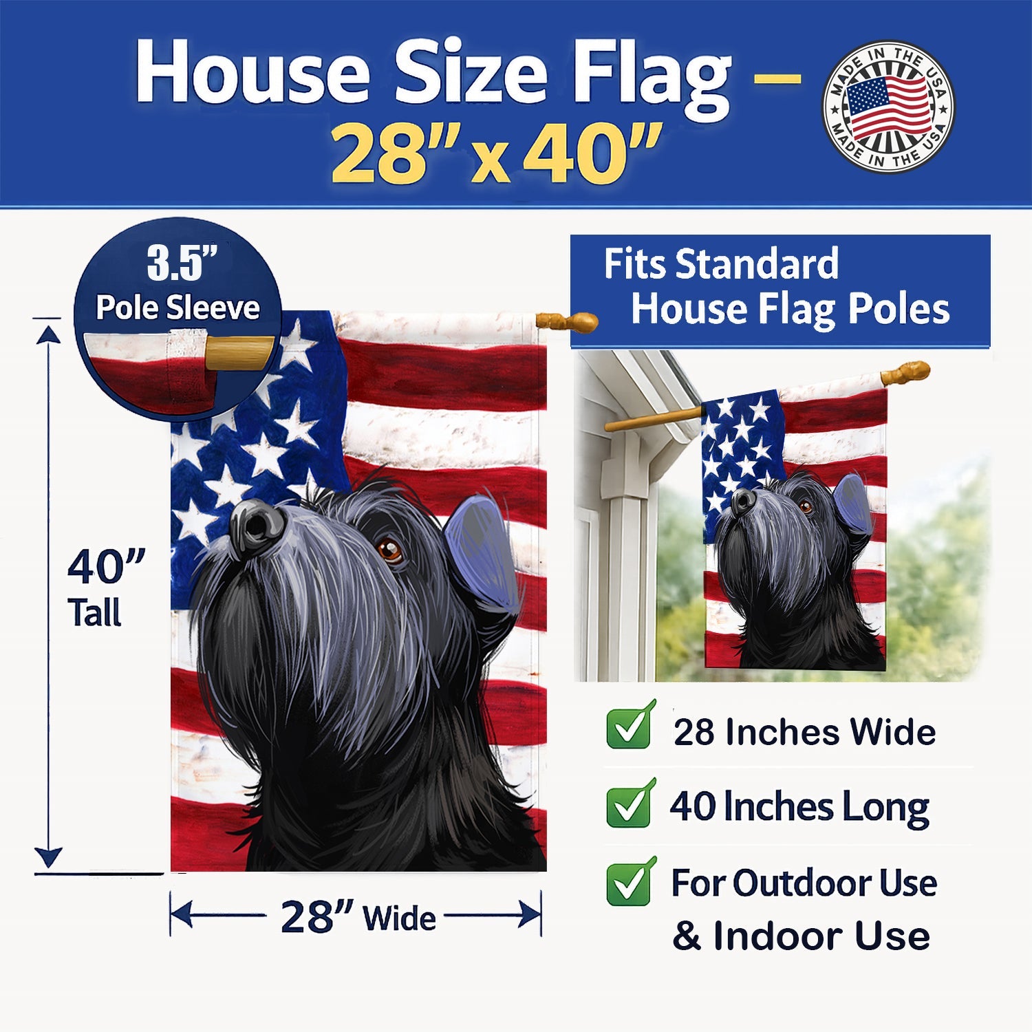Standard Schnauzer Black American Flag House Flag 28x40 Porch Sleeve Pole Decorative Outside Yard Banner Artwork Wall Hanging, Polyester
