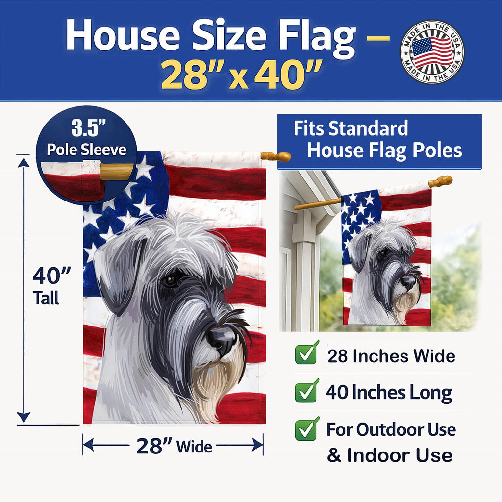 Standard Schnauzer White American Flag House Flag 28x40 Porch Sleeve Pole Decorative Outside Yard Banner Artwork Wall Hanging, Polyester