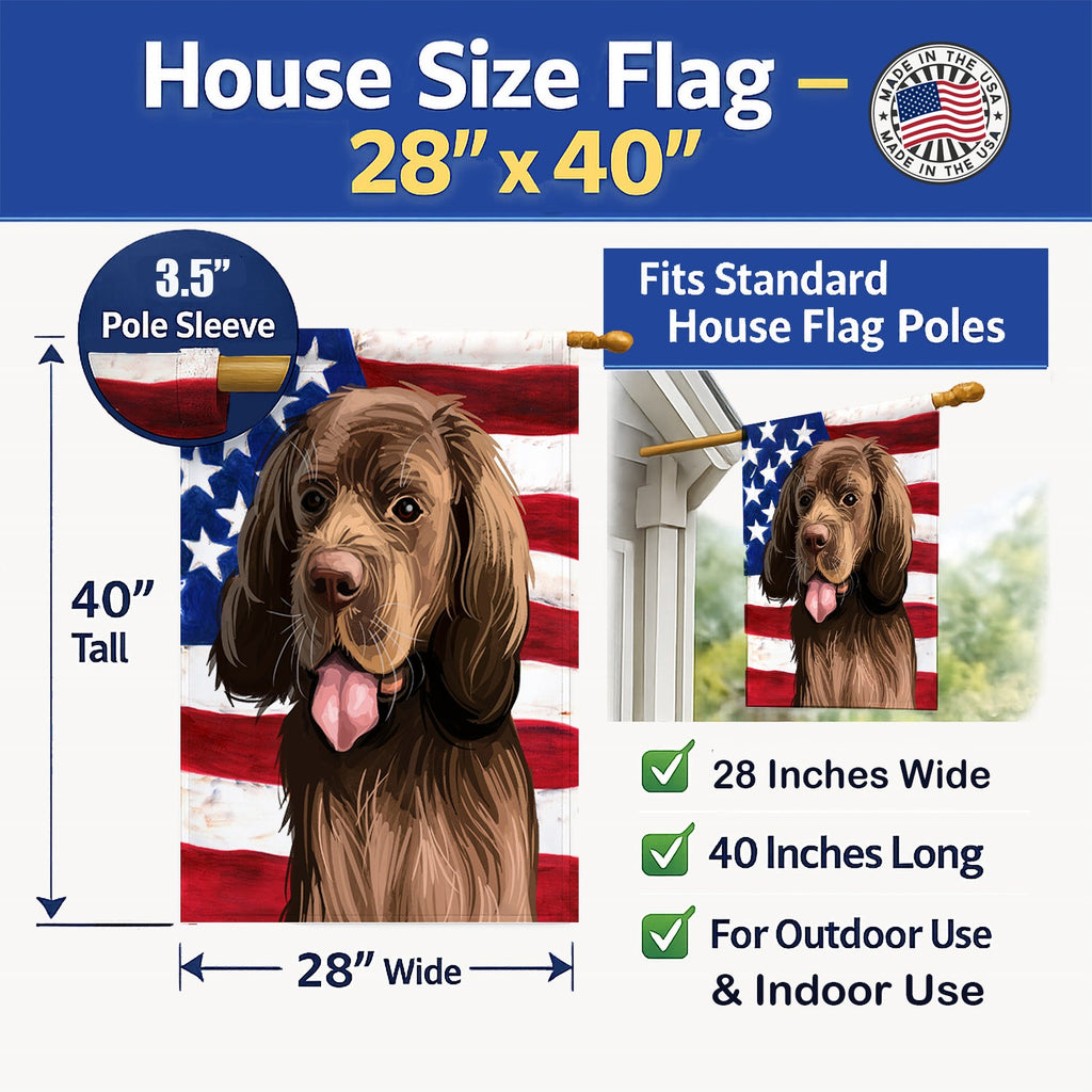 Sussex Spaniel Dog American Flag House Flag 28x40 Porch Sleeve Pole Decorative Outside Yard Banner Artwork Wall Hanging, Polyester