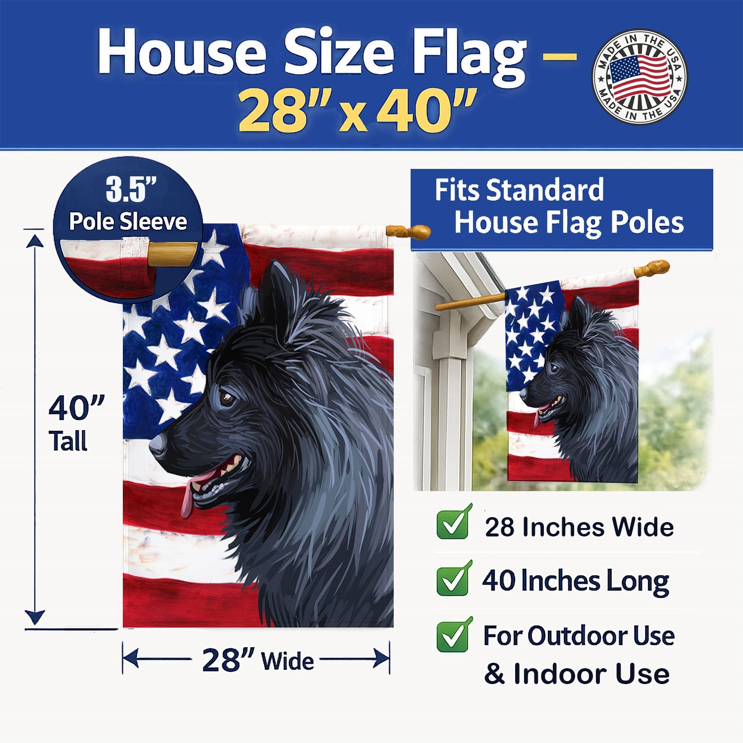 Swedish Lapphund Dog American Flag House Flag 28x40 Porch Sleeve Pole Decorative Outside Yard Banner Artwork Wall Hanging, Polyester
