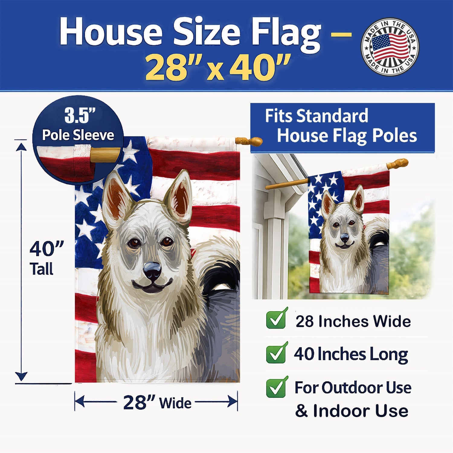 Swedish Vallhund Dog American Flag House Flag 28x40 Porch Sleeve Pole Decorative Outside Yard Banner Artwork Wall Hanging, Polyester