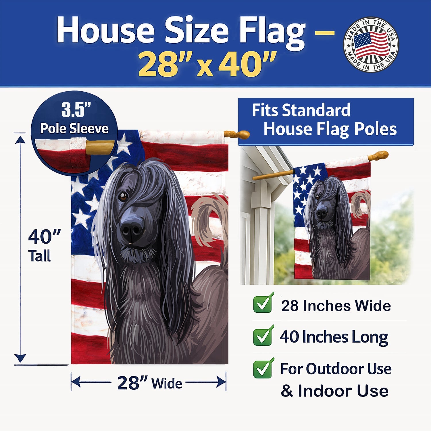 Taigan Dog American Flag House Flag 28x40 Porch Sleeve Pole Decorative Outside Yard Banner Artwork Wall Hanging, Polyester