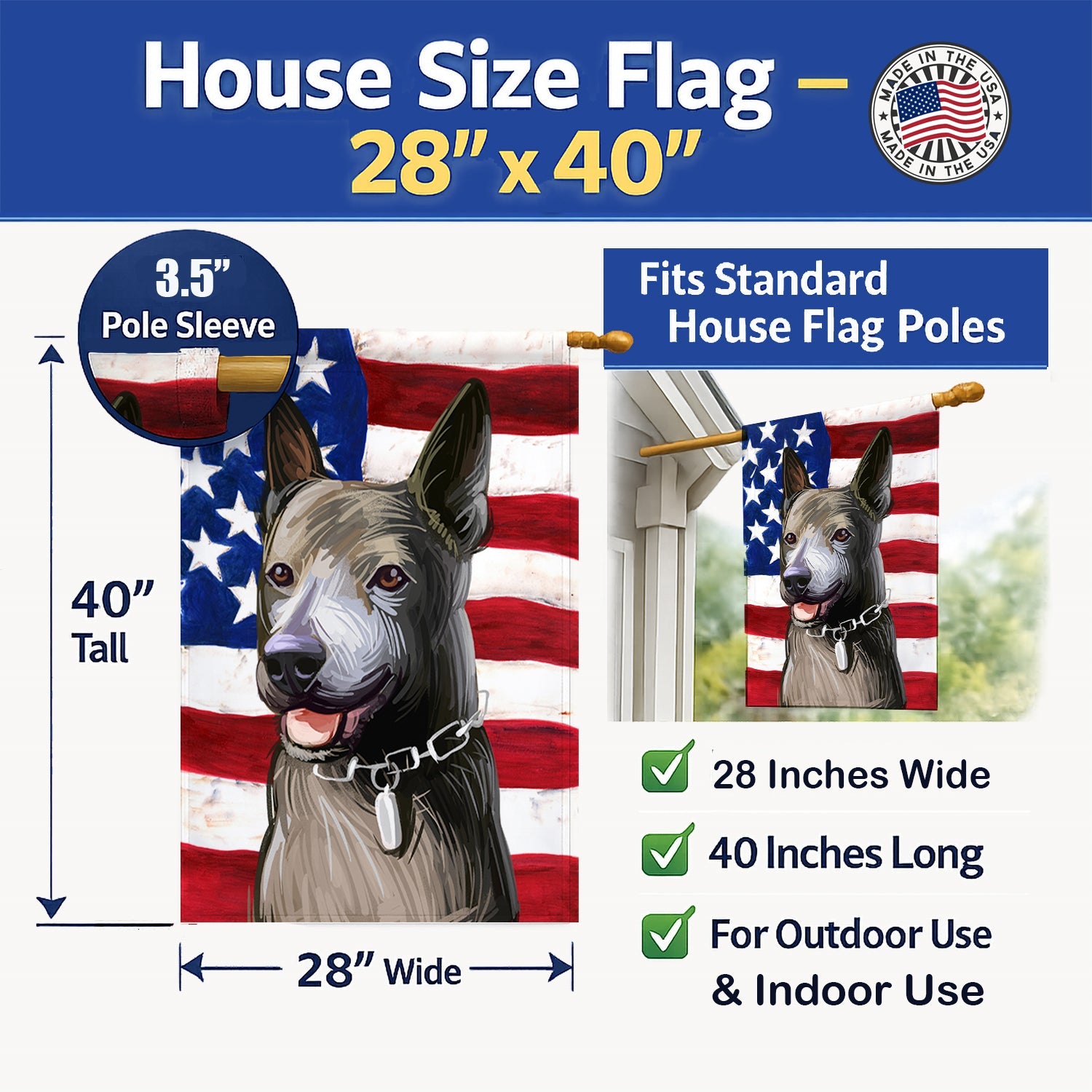 Taiwan Dog American Flag House Flag 28x40 Porch Sleeve Pole Decorative Outside Yard Banner Artwork Wall Hanging, Polyester