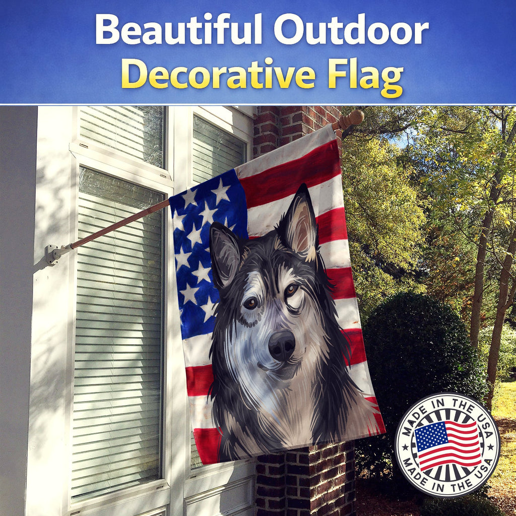 Tamaskan Dog American Flag House Flag 28x40 Porch Sleeve Pole Decorative Outside Yard Banner Artwork Wall Hanging, Polyester