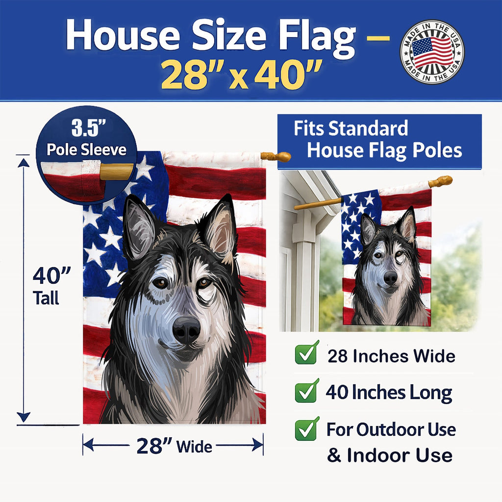 Tamaskan Dog American Flag House Flag 28x40 Porch Sleeve Pole Decorative Outside Yard Banner Artwork Wall Hanging, Polyester