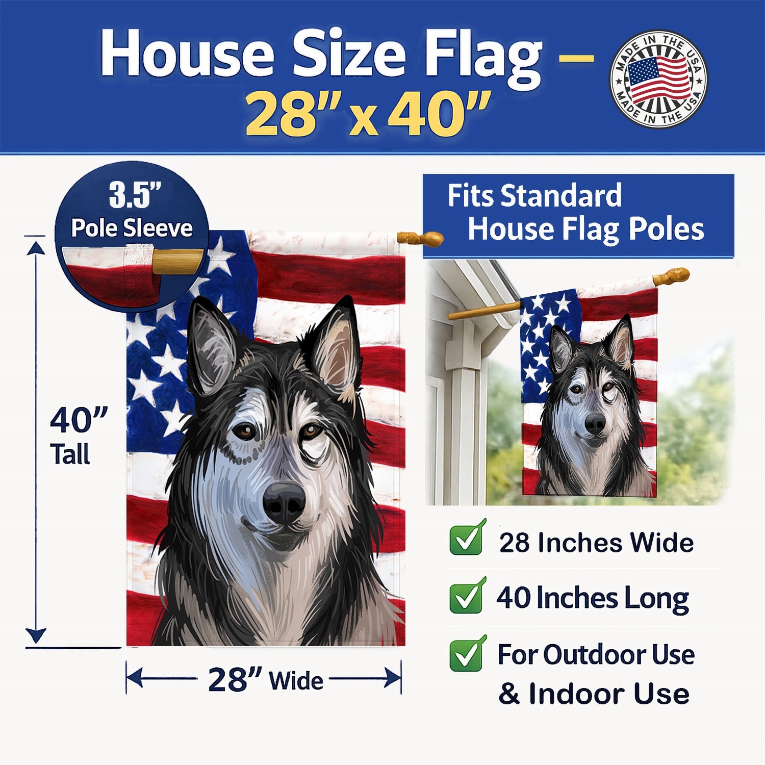 Tamaskan Dog American Flag House Flag 28x40 Porch Sleeve Pole Decorative Outside Yard Banner Artwork Wall Hanging, Polyester