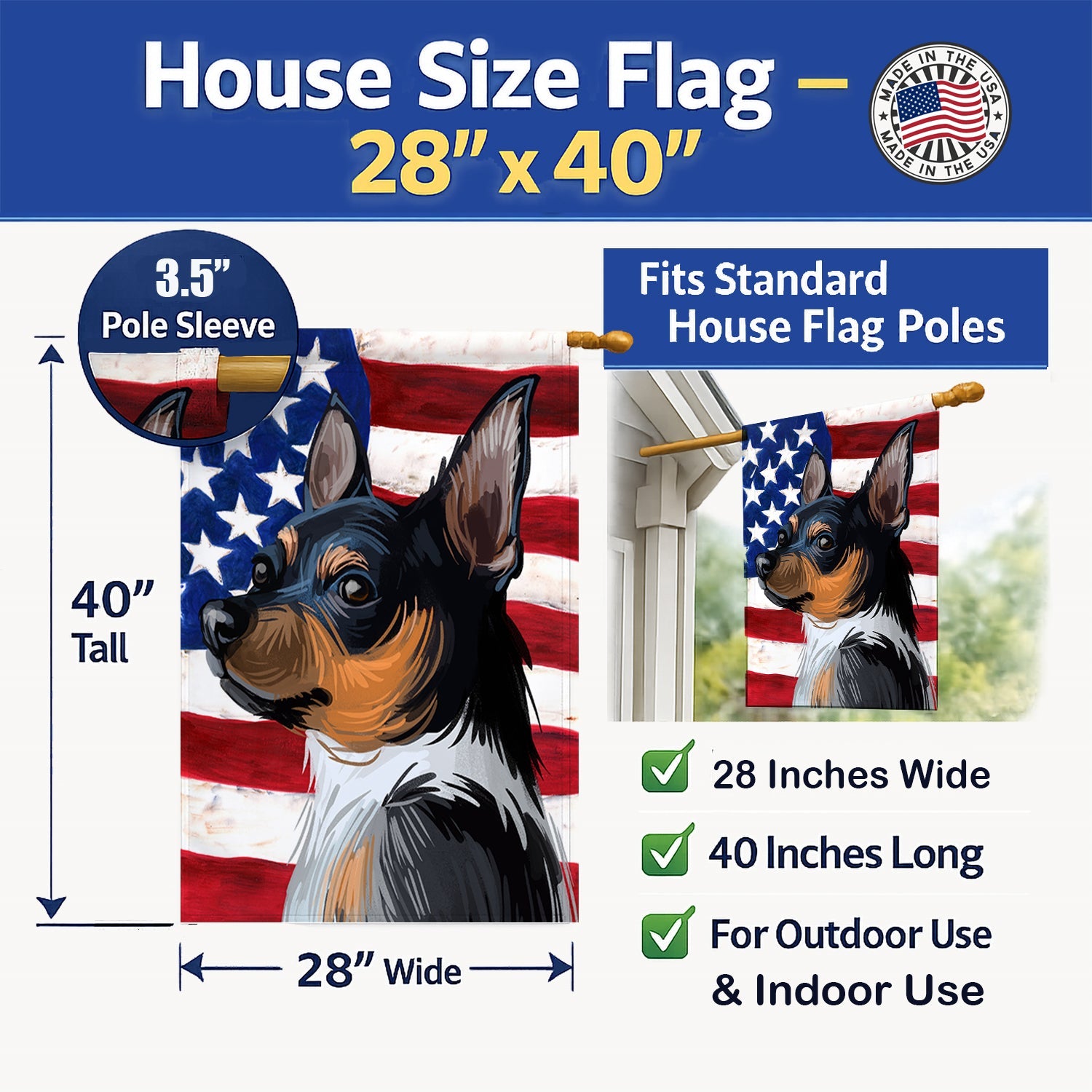 Teddy Roosevelt Terrier American Flag House Flag 28x40 Porch Sleeve Pole Decorative Outside Yard Banner Artwork Wall Hanging, Polyester