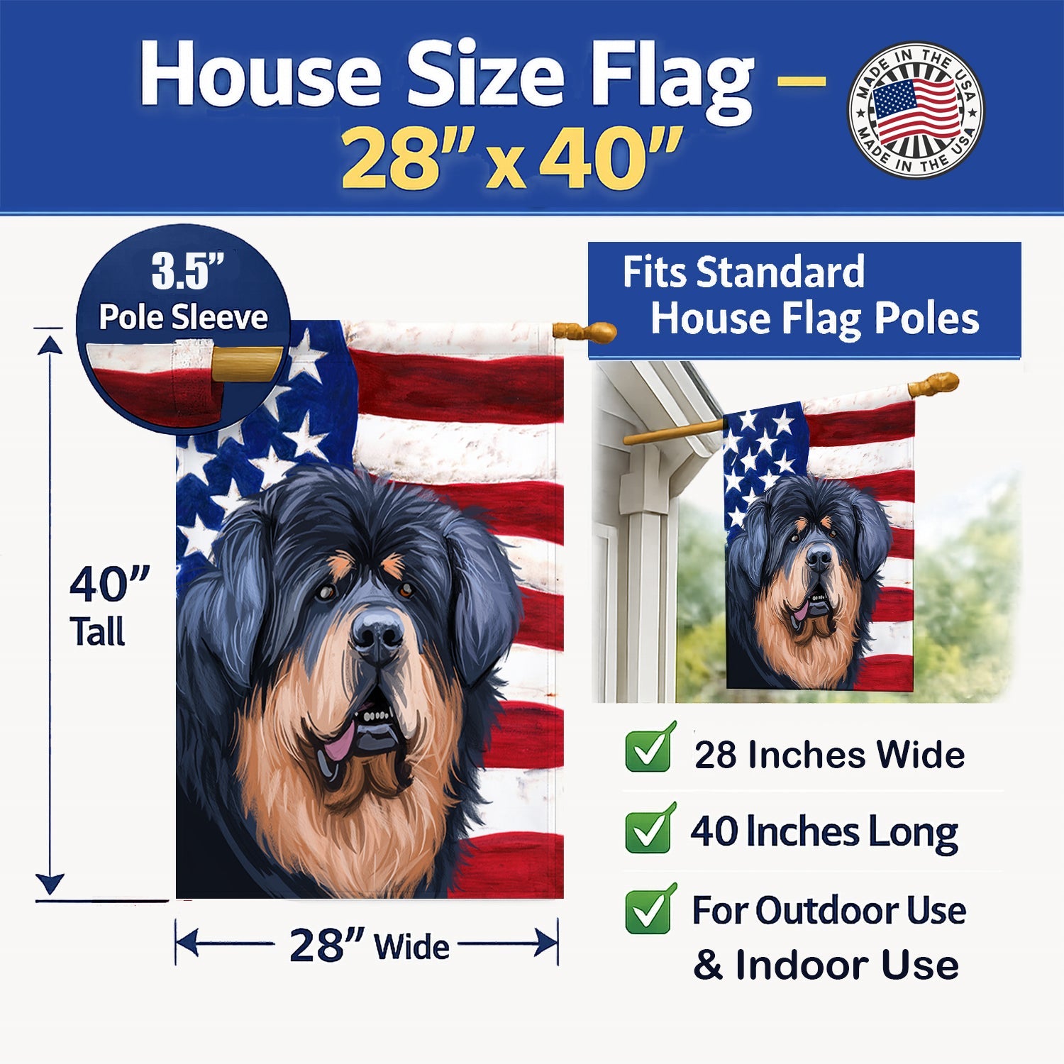 Tibetan Mastiff American Flag House Flag 28x40 Porch Sleeve Pole Decorative Outside Yard Banner Artwork Wall Hanging, Polyester