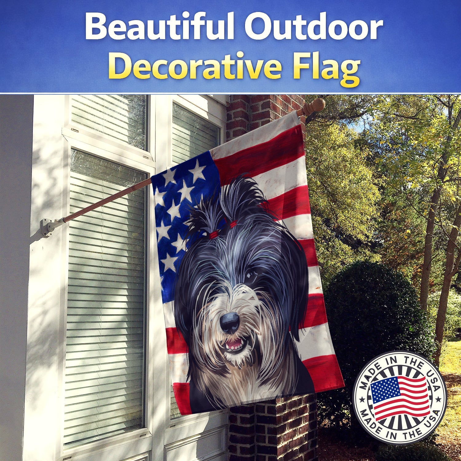 Tibetan Terrier American Flag House Flag 28x40 Porch Sleeve Pole Decorative Outside Yard Banner Artwork Wall Hanging, Polyester