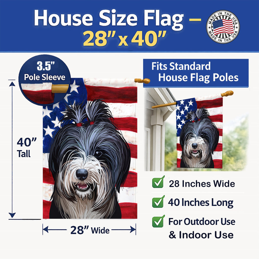 Tibetan Terrier American Flag House Flag 28x40 Porch Sleeve Pole Decorative Outside Yard Banner Artwork Wall Hanging, Polyester
