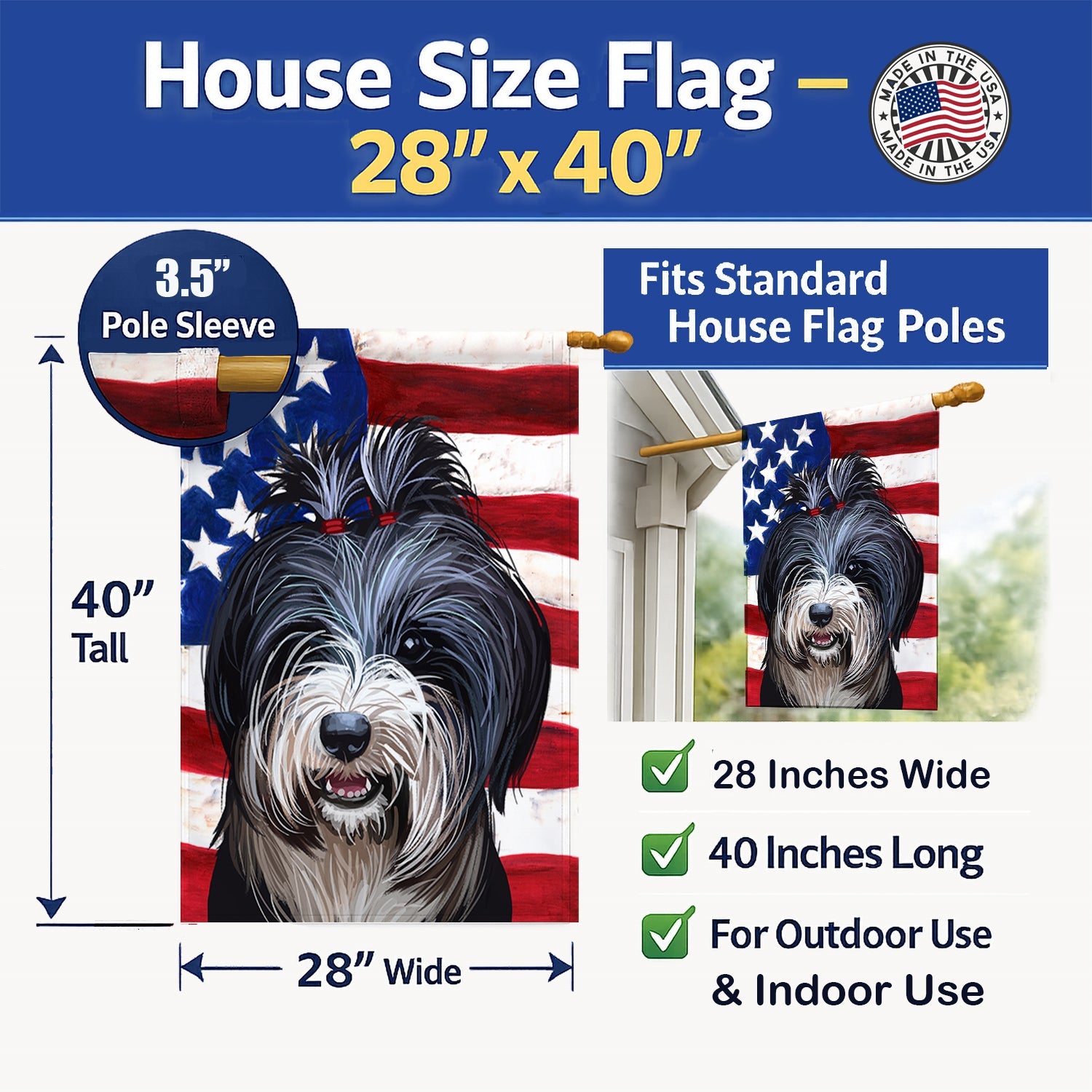 Tibetan Terrier American Flag House Flag 28x40 Porch Sleeve Pole Decorative Outside Yard Banner Artwork Wall Hanging, Polyester