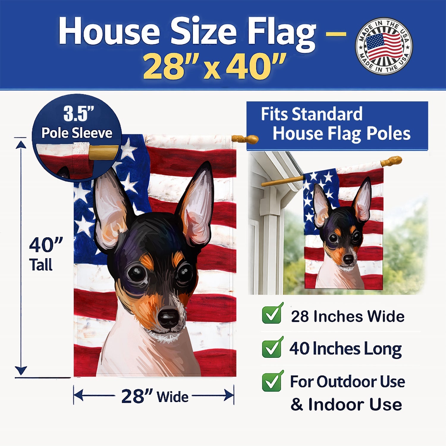 Toy Fox Terrier American Flag House Flag 28x40 Porch Sleeve Pole Decorative Outside Yard Banner Artwork Wall Hanging, Polyester