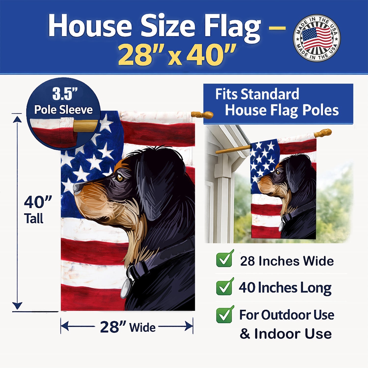 Transylvanian Hound American Flag House Flag 28x40 Porch Sleeve Pole Decorative Outside Yard Banner Artwork Wall Hanging, Polyester