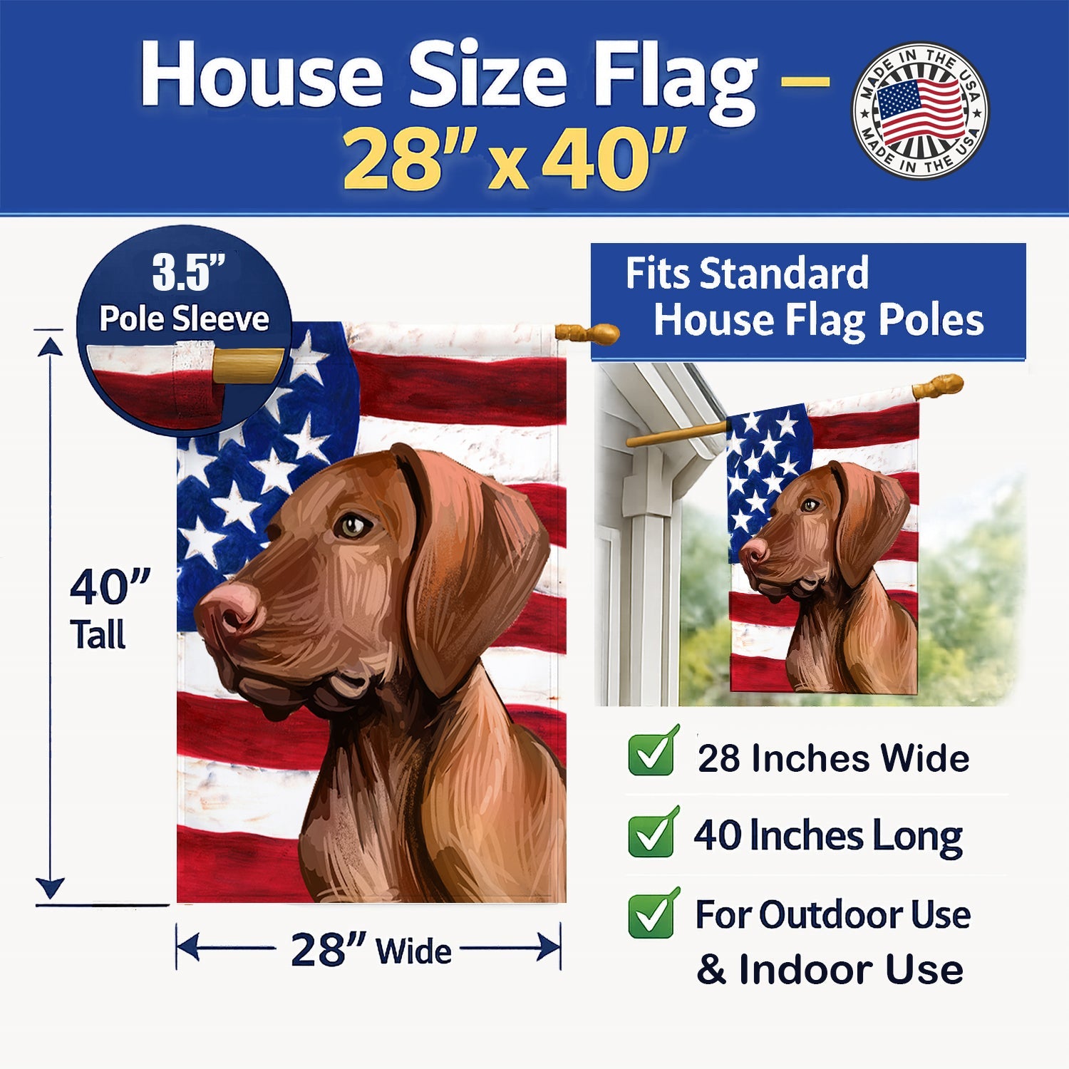 Vizsla American Flag House Flag 28x40 Porch Sleeve Pole Decorative Outside Yard Banner Artwork Wall Hanging, Polyester