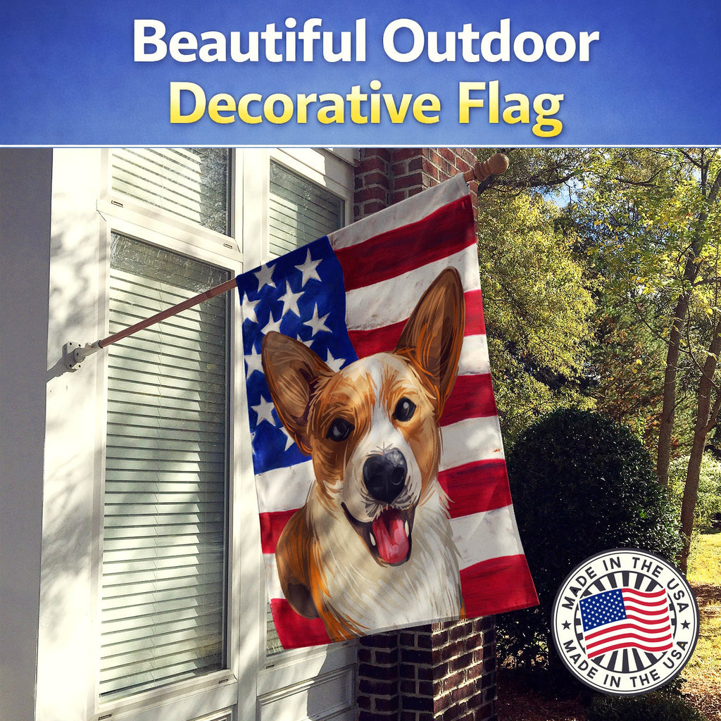 Cardigan Welsh Corgi American Flag House Flag 28x40 Porch Sleeve Pole Decorative Outside Yard Banner Artwork Wall Hanging, Polyester