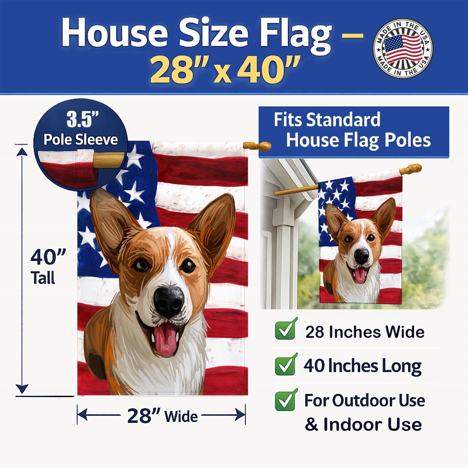 Cardigan Welsh Corgi American Flag House Flag 28x40 Porch Sleeve Pole Decorative Outside Yard Banner Artwork Wall Hanging, Polyester