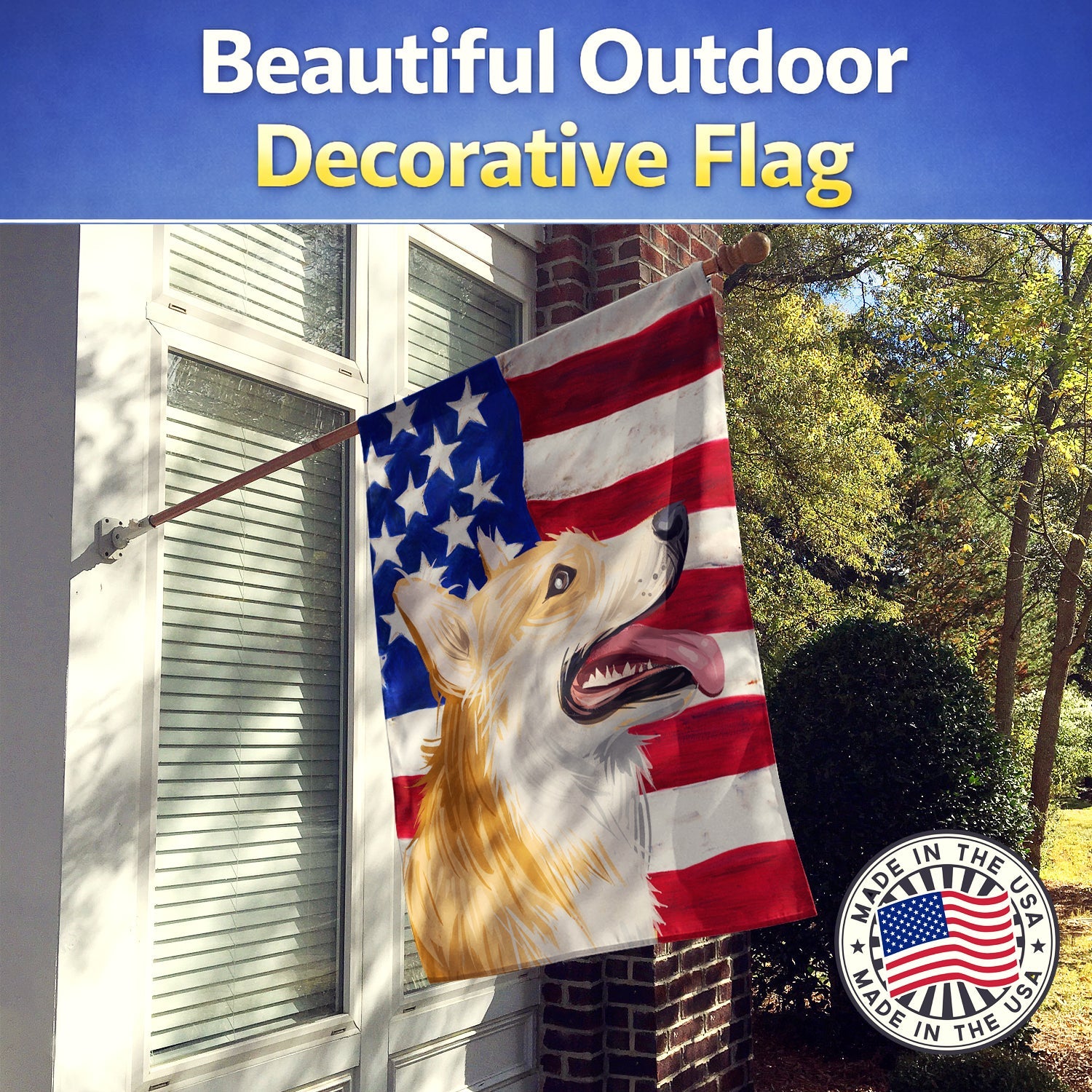 Pembroke Welsh Corgi American Flag House Flag 28x40 Porch Sleeve Pole Decorative Outside Yard Banner Artwork Wall Hanging, Polyester