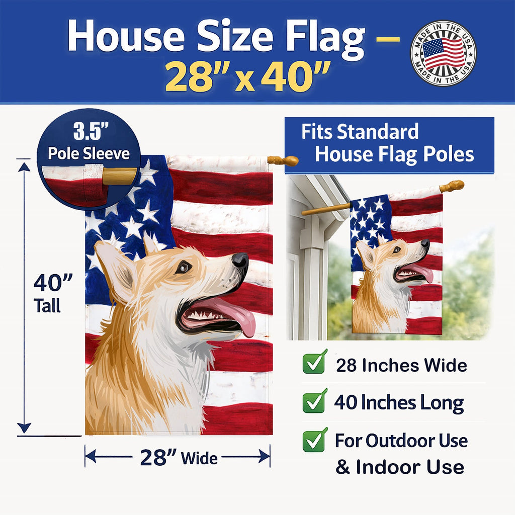 Pembroke Welsh Corgi American Flag House Flag 28x40 Porch Sleeve Pole Decorative Outside Yard Banner Artwork Wall Hanging, Polyester