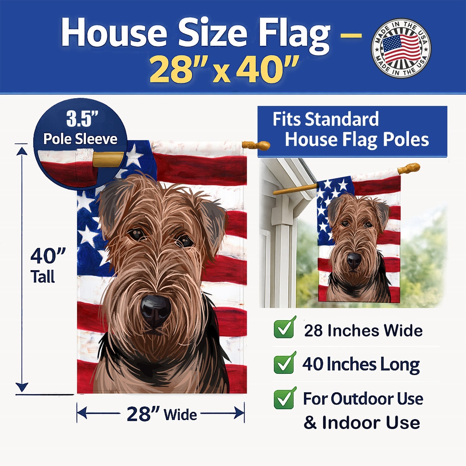 Welsh Terrier American Flag House Flag 28x40 Porch Sleeve Pole Decorative Outside Yard Banner Artwork Wall Hanging, Polyester