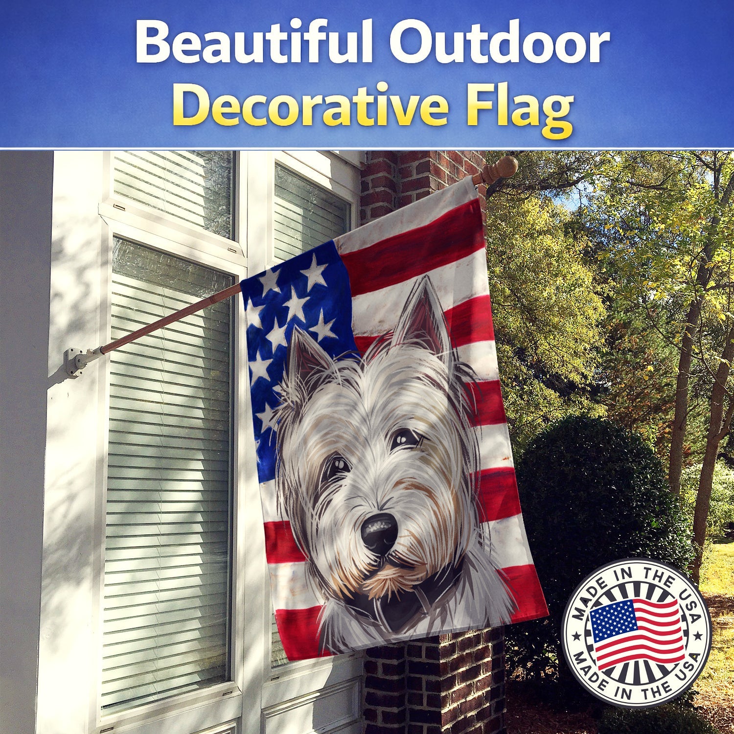 West Highland White Terrier American Flag House Flag 28x40 Porch Sleeve Pole Decorative Outside Yard Banner Artwork Wall Hanging, Polyester