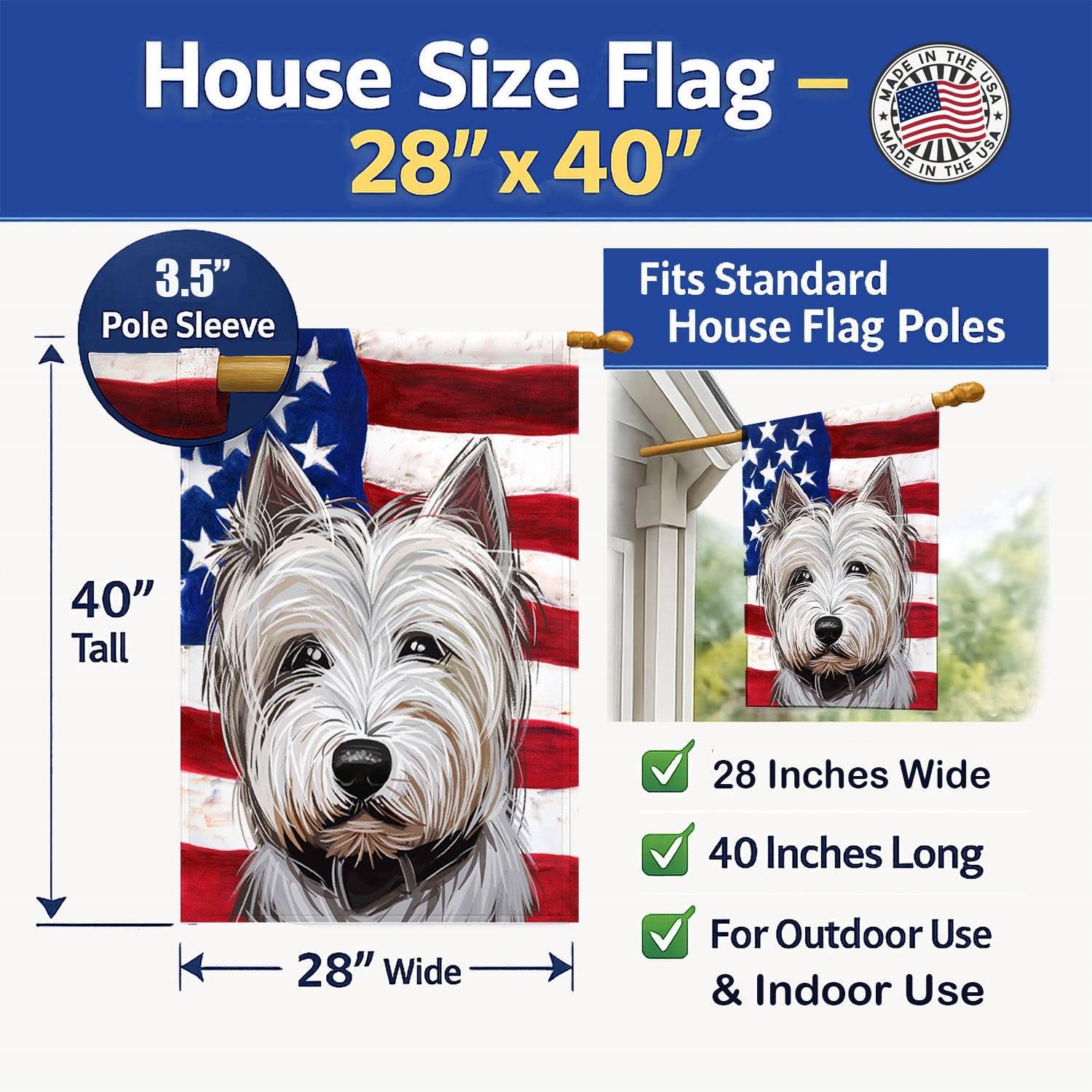 West Highland White Terrier American Flag House Flag 28x40 Porch Sleeve Pole Decorative Outside Yard Banner Artwork Wall Hanging, Polyester