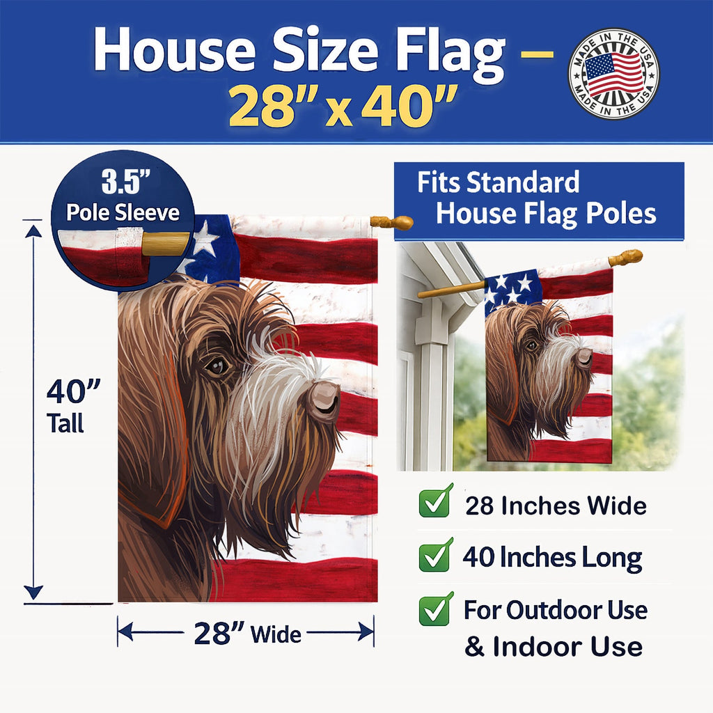 Wirehaired Pointing Griffon American Flag House Flag 28x40 Porch Sleeve Pole Decorative Outside Yard Banner Artwork Wall Hanging, Polyester