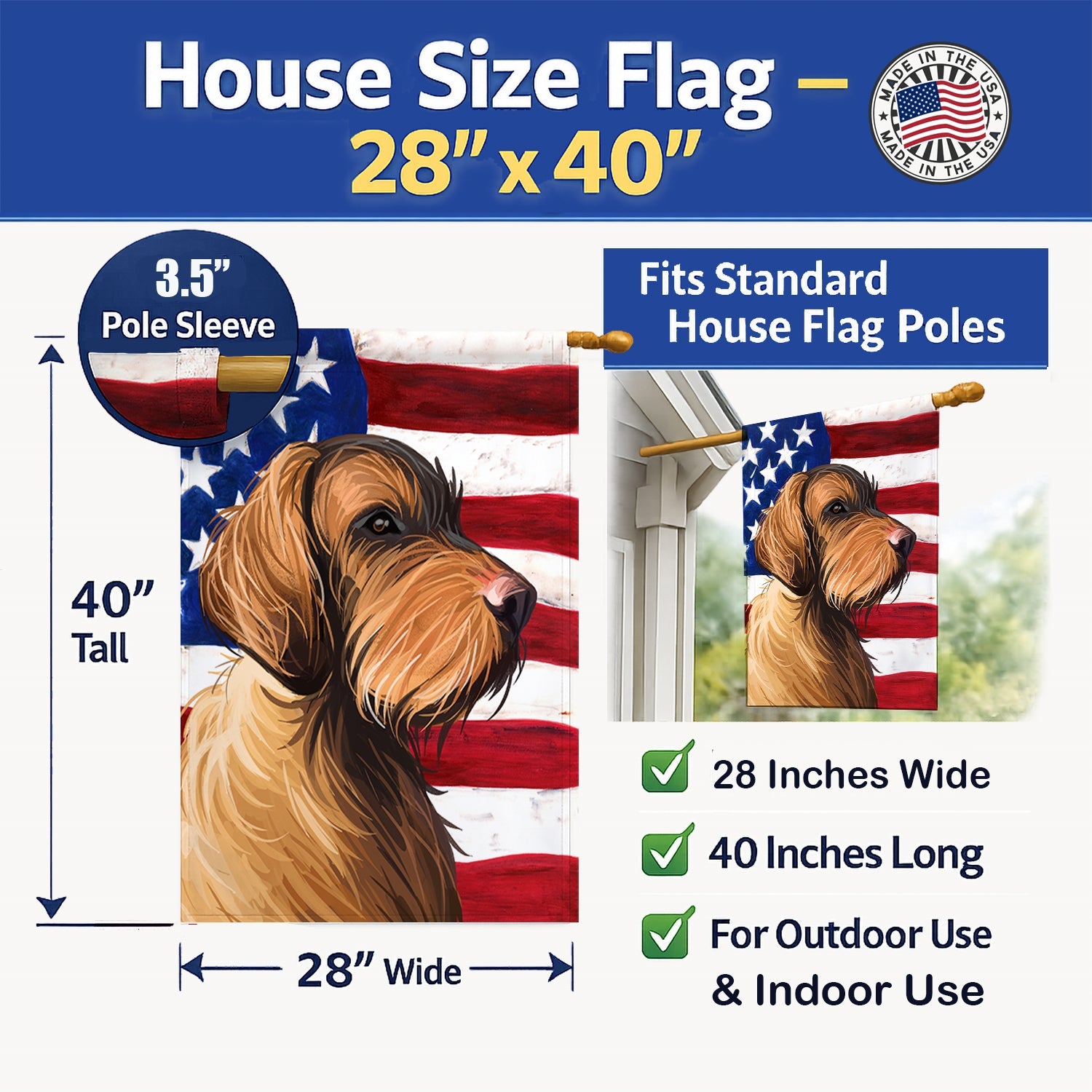 Wirehaired Vizsla American Flag House Flag 28x40 Porch Sleeve Pole Decorative Outside Yard Banner Artwork Wall Hanging, Polyester