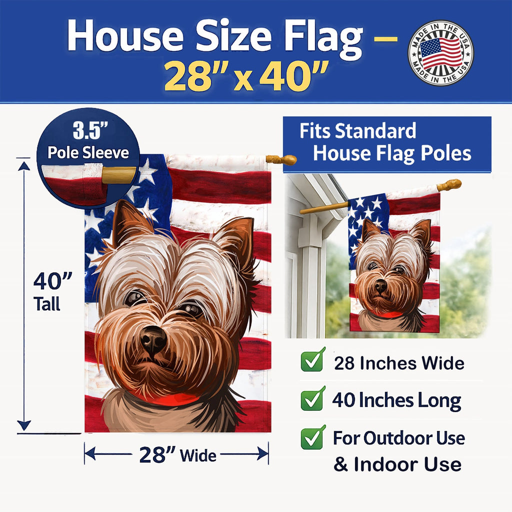 Yorkshire Terrier American Flag House Flag 28x40 Porch Sleeve Pole Decorative Outside Yard Banner Artwork Wall Hanging, Polyester