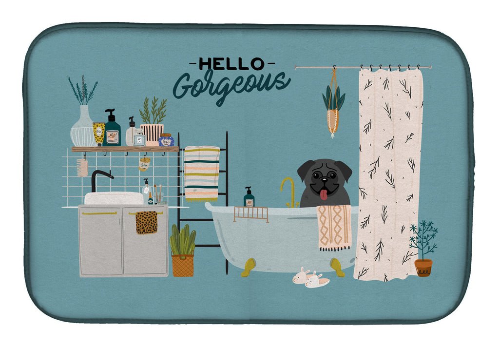 Black Pug in Bathtub Dish Drying Mat Absorbent Dish Drying Mat Pad for Kitchen Counter Dish Drainer Mat for Countertop, 14 x 21", Multicolor