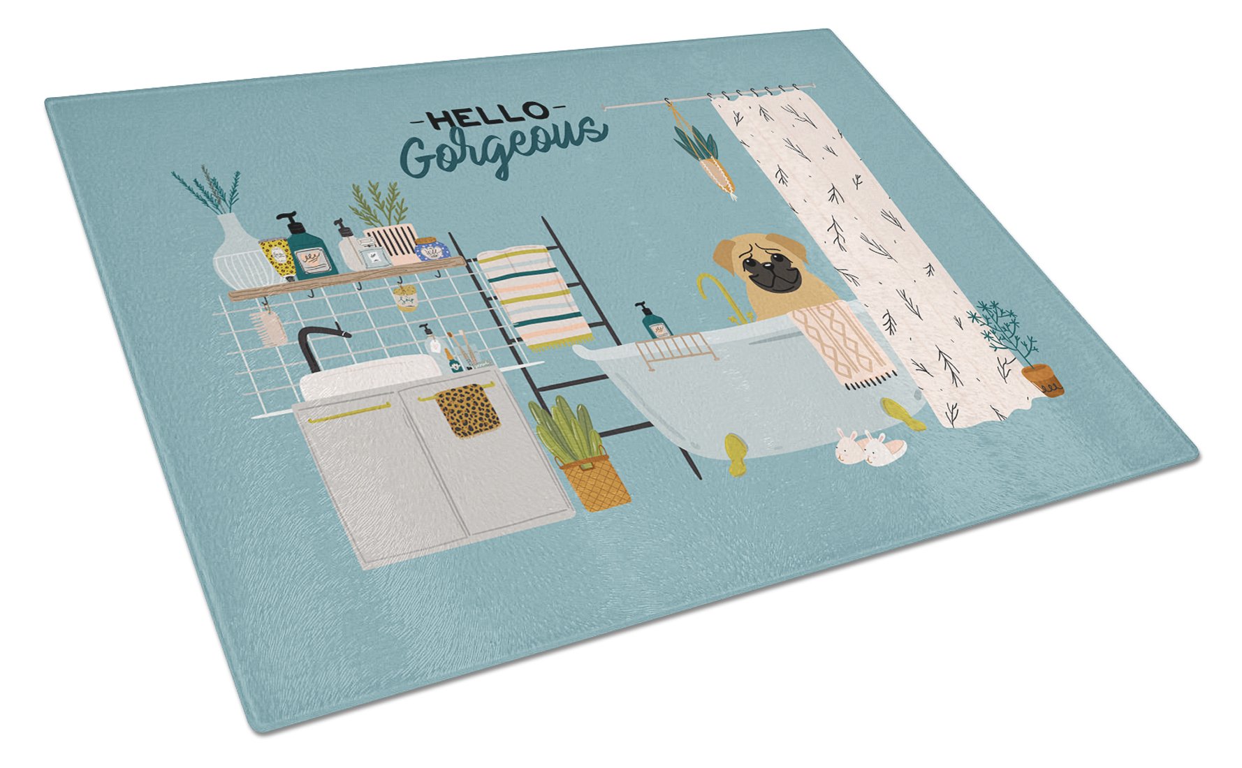 Brown Pug in Bathtub Cutting Board Tempered Glass Kitchen Cutting Surface, Heat Resistant Chopping, Non-Slip Feet, Food Prep & Serving