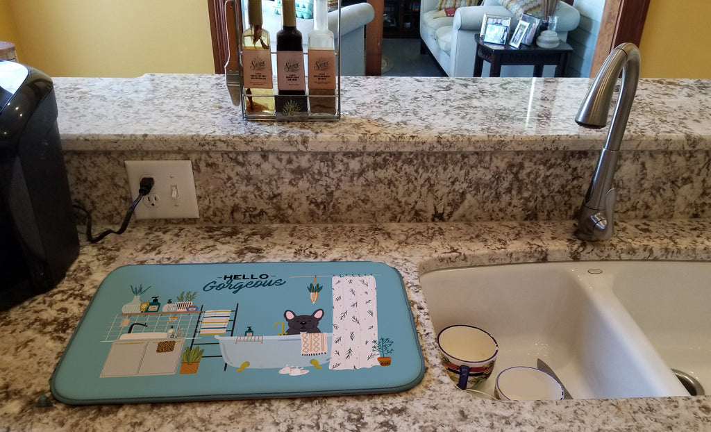 Brindle French Bulldog in Bathtub  Dish Drying Mat Absorbent Dish Drying Mat Pad for Kitchen Counter Dish Drainer Mat for Countertop, 14 x 21", Multicolor
