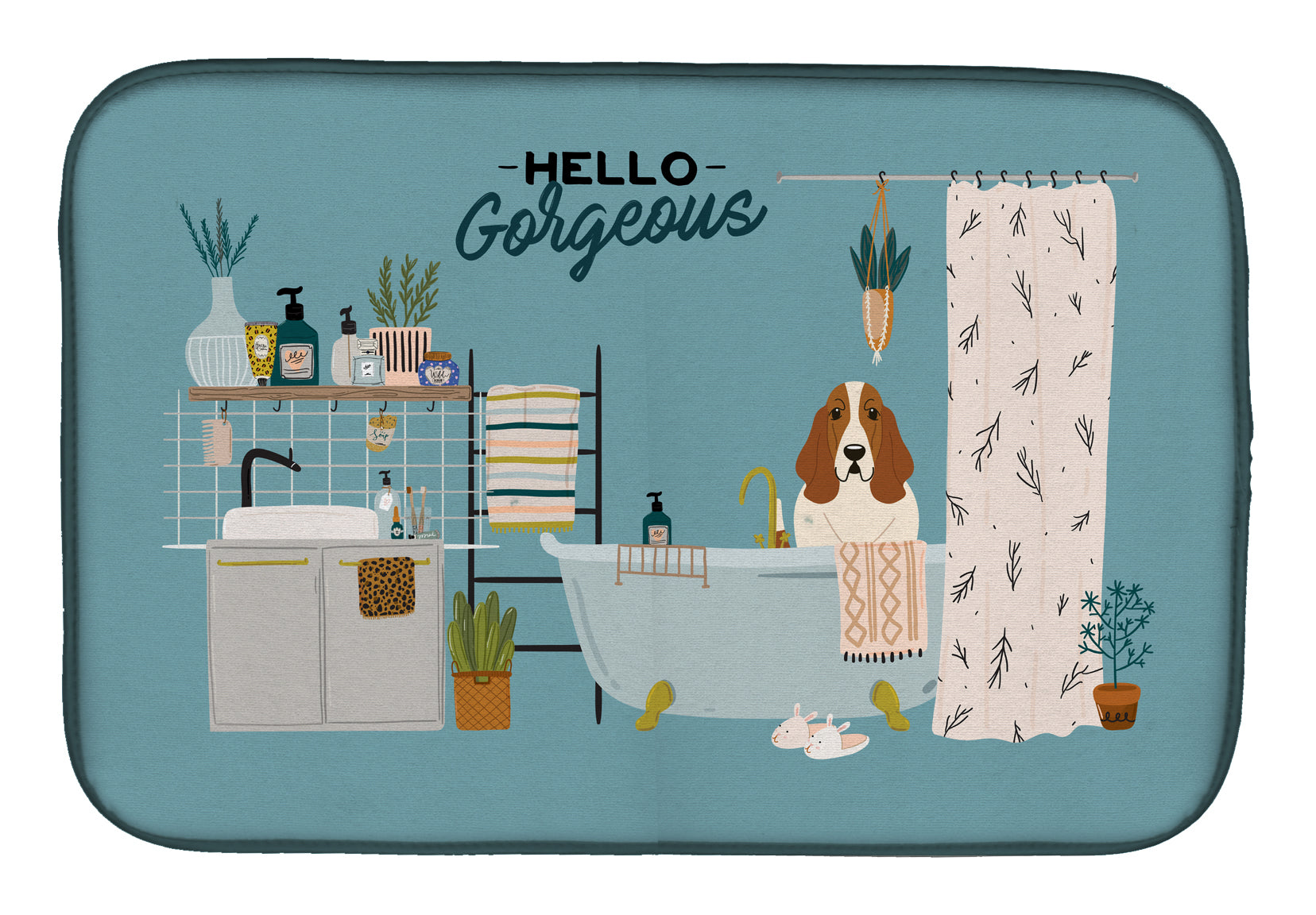 Basset Hound in Bathtub Dish Drying Mat Absorbent Dish Drying Mat Pad for Kitchen Counter Dish Drainer Mat for Countertop, 14 x 21", Multicolor