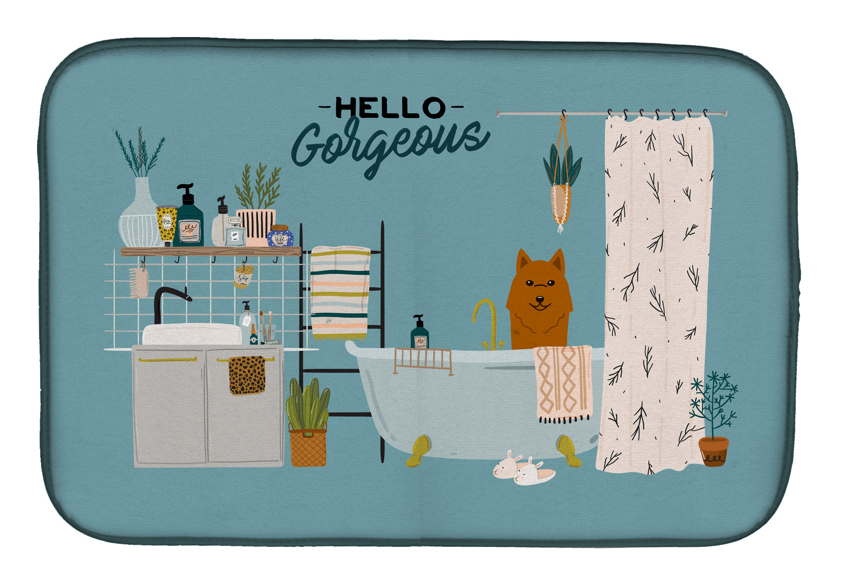 Karelian Bear Dog in Bathtub Dish Drying Mat Absorbent Dish Drying Mat Pad for Kitchen Counter Dish Drainer Mat for Countertop, 14 x 21", Multicolor